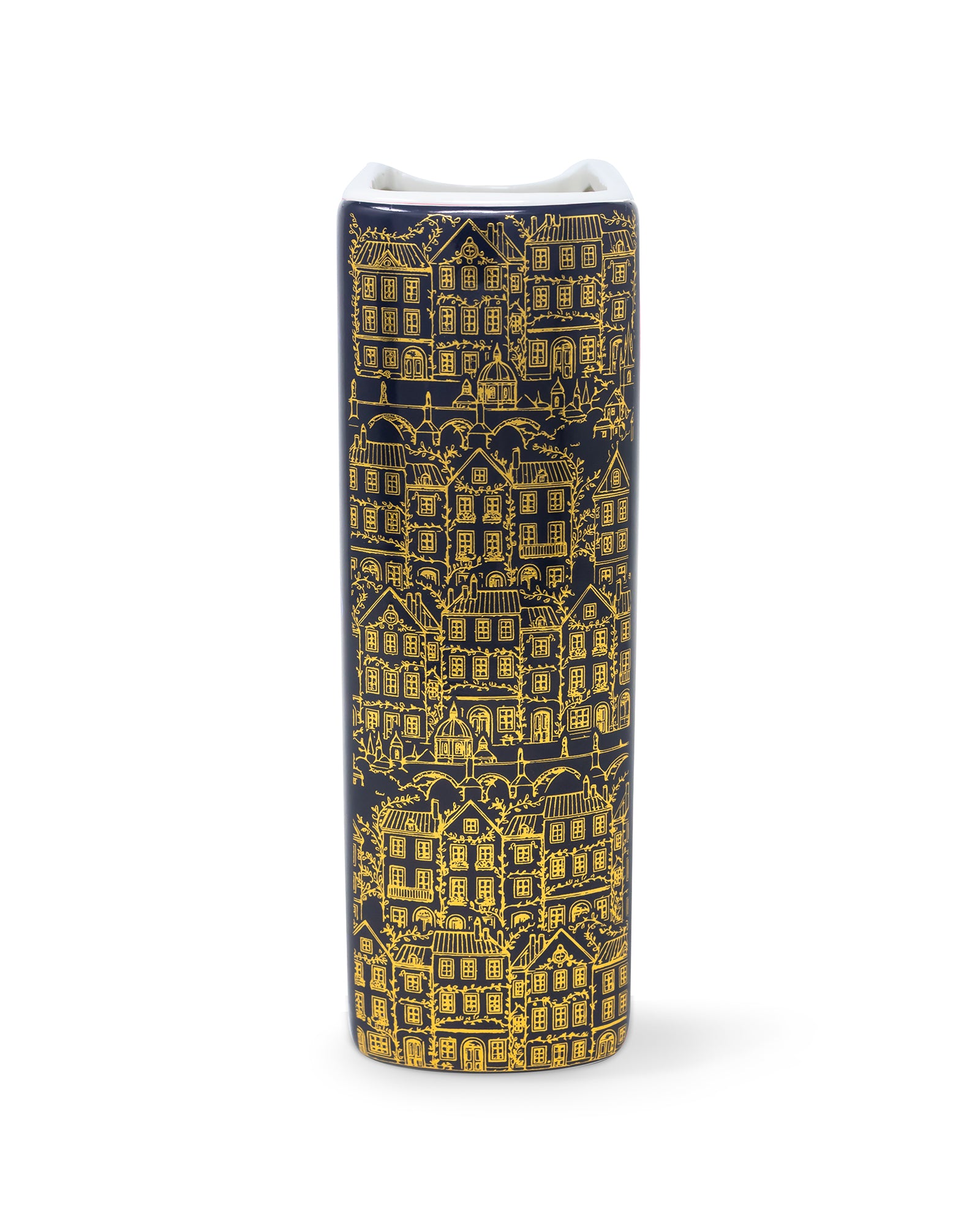 Spine of book-shaped vase with 'Velaris' design on a white background