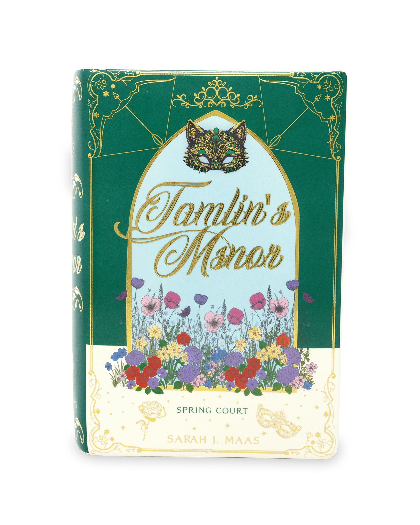 front view of book-shaped vase with 'Tamlin's Manor' design on a white background