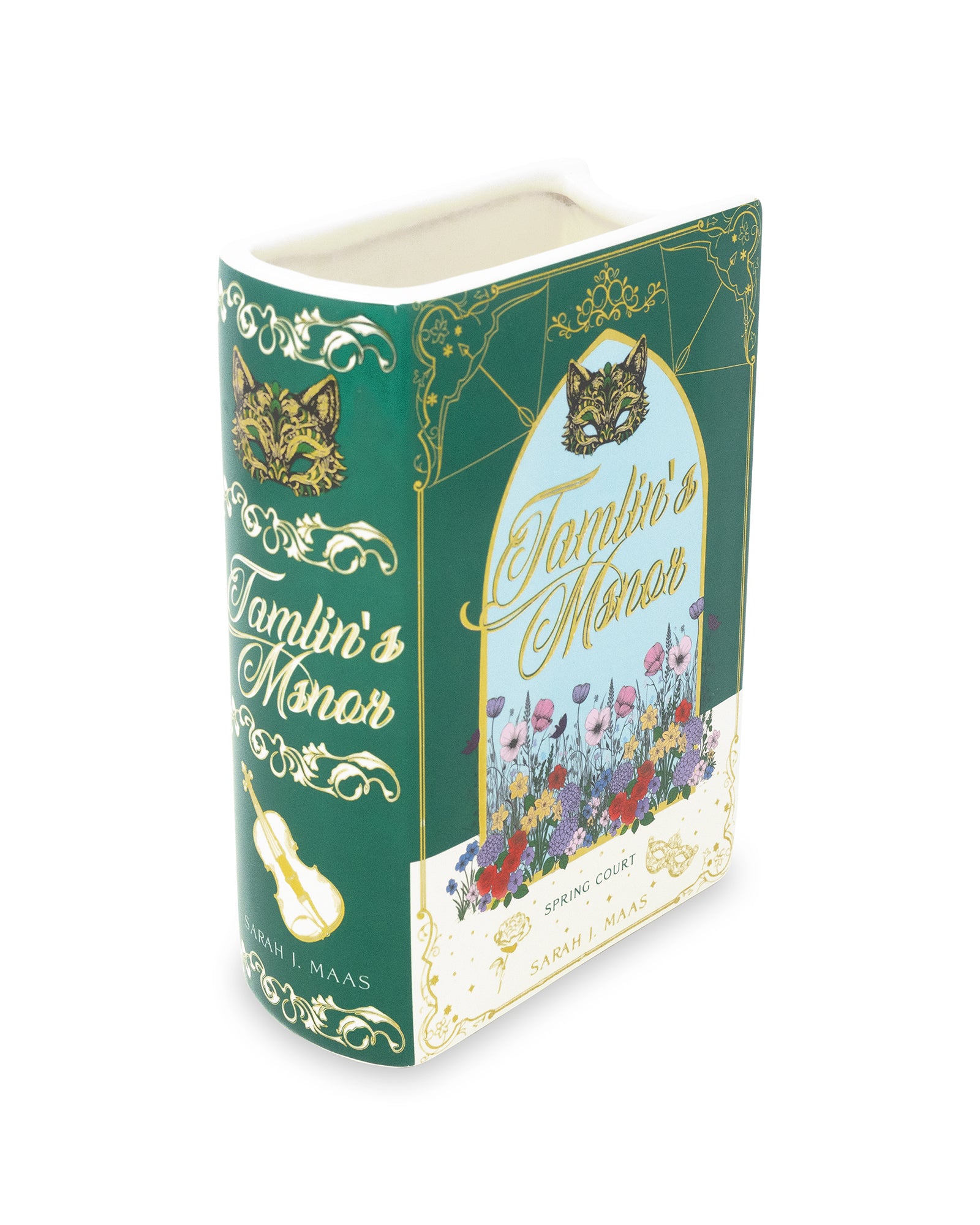 Book-shaped vase with 'Tamlin's Manor' design on a white background