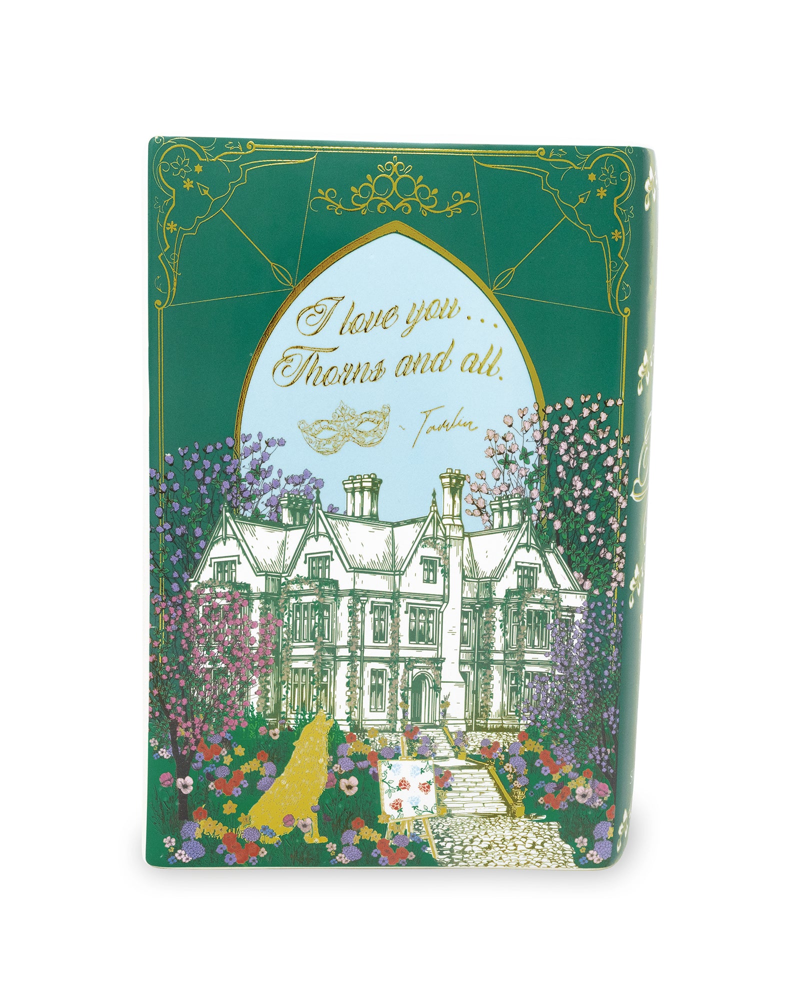 Backview of book-shaped vase with 'Tamlin's Manor' design on a white background