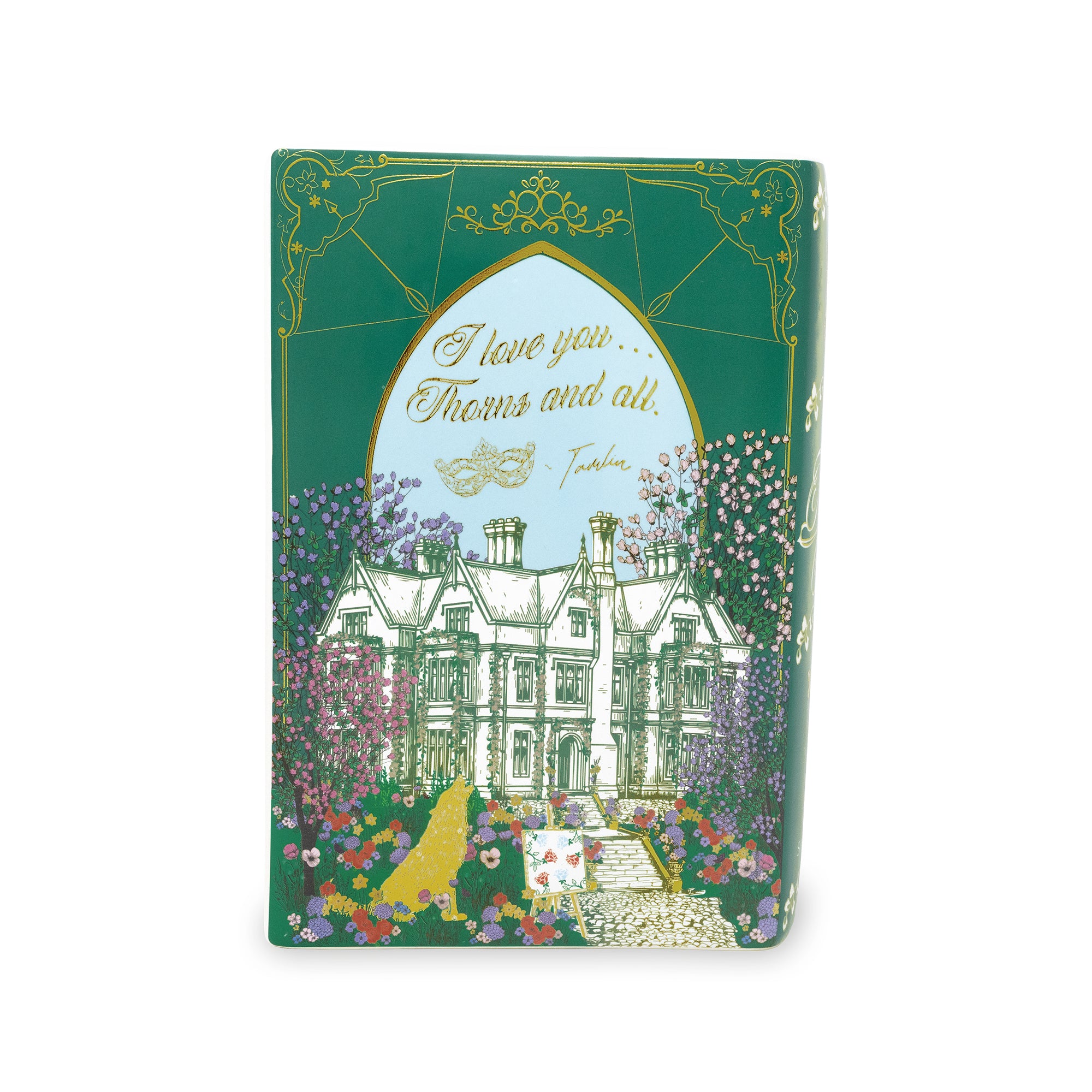 Backview of book-shaped vase with 'Tamlin's Manor' design on a white background