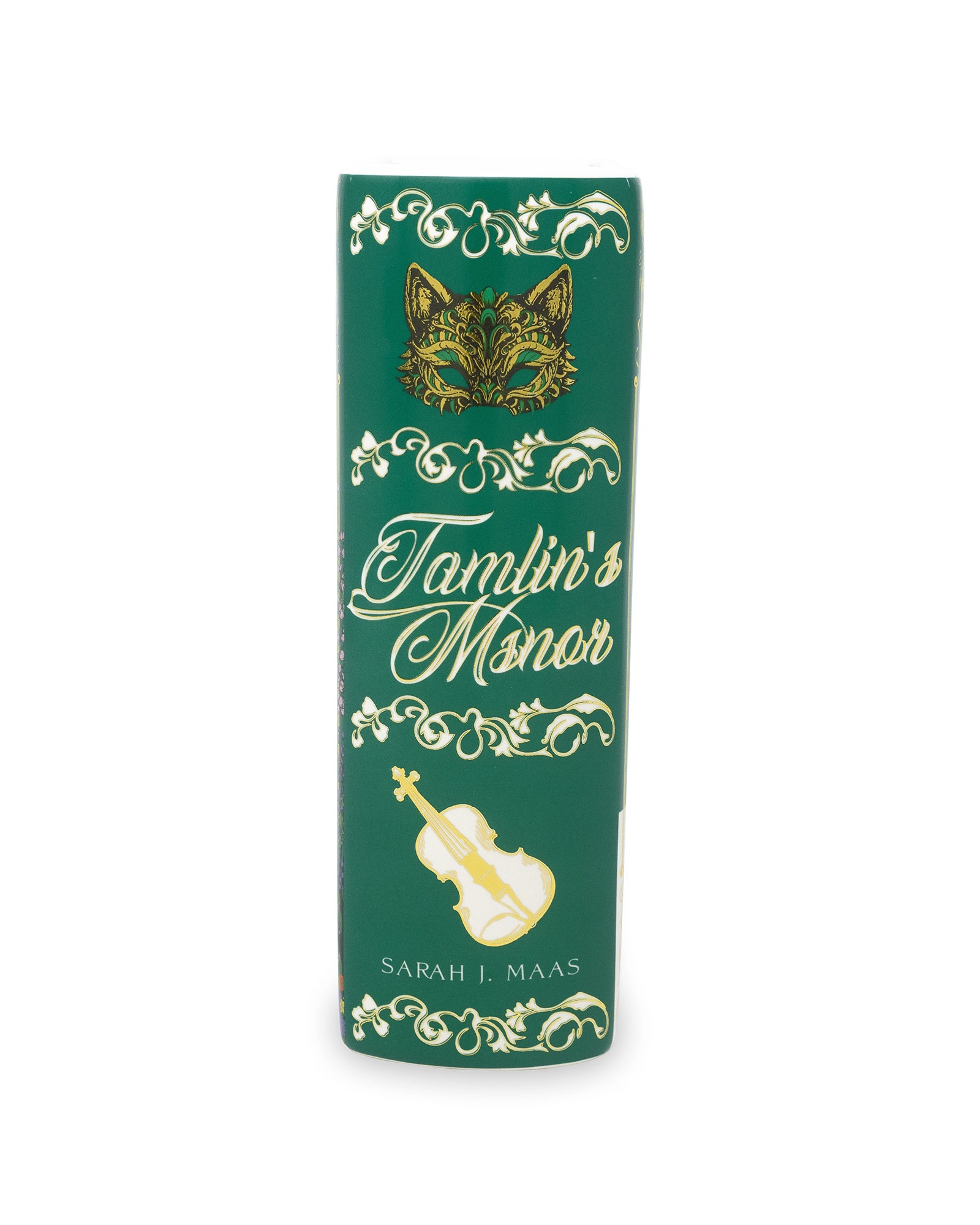 Spine of book-shaped vase with 'Tamlin's Manor' design on a white background