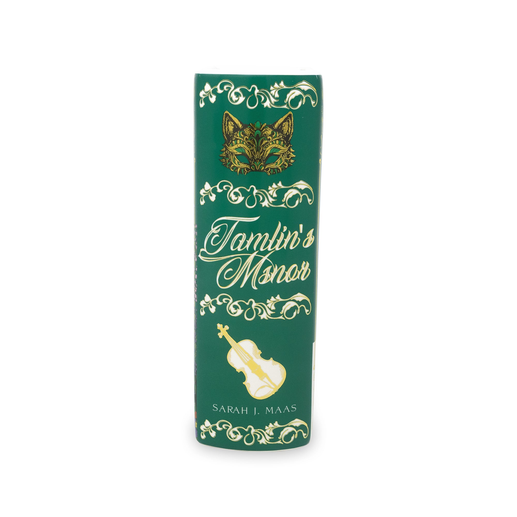 Spine of book-shaped vase with 'Tamlin's Manor' design on a white background