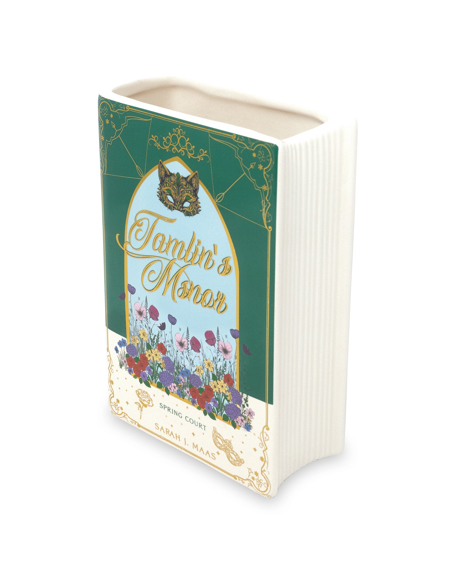 Backview of book-shaped vase with 'Tamlin's Manor' design on a white background