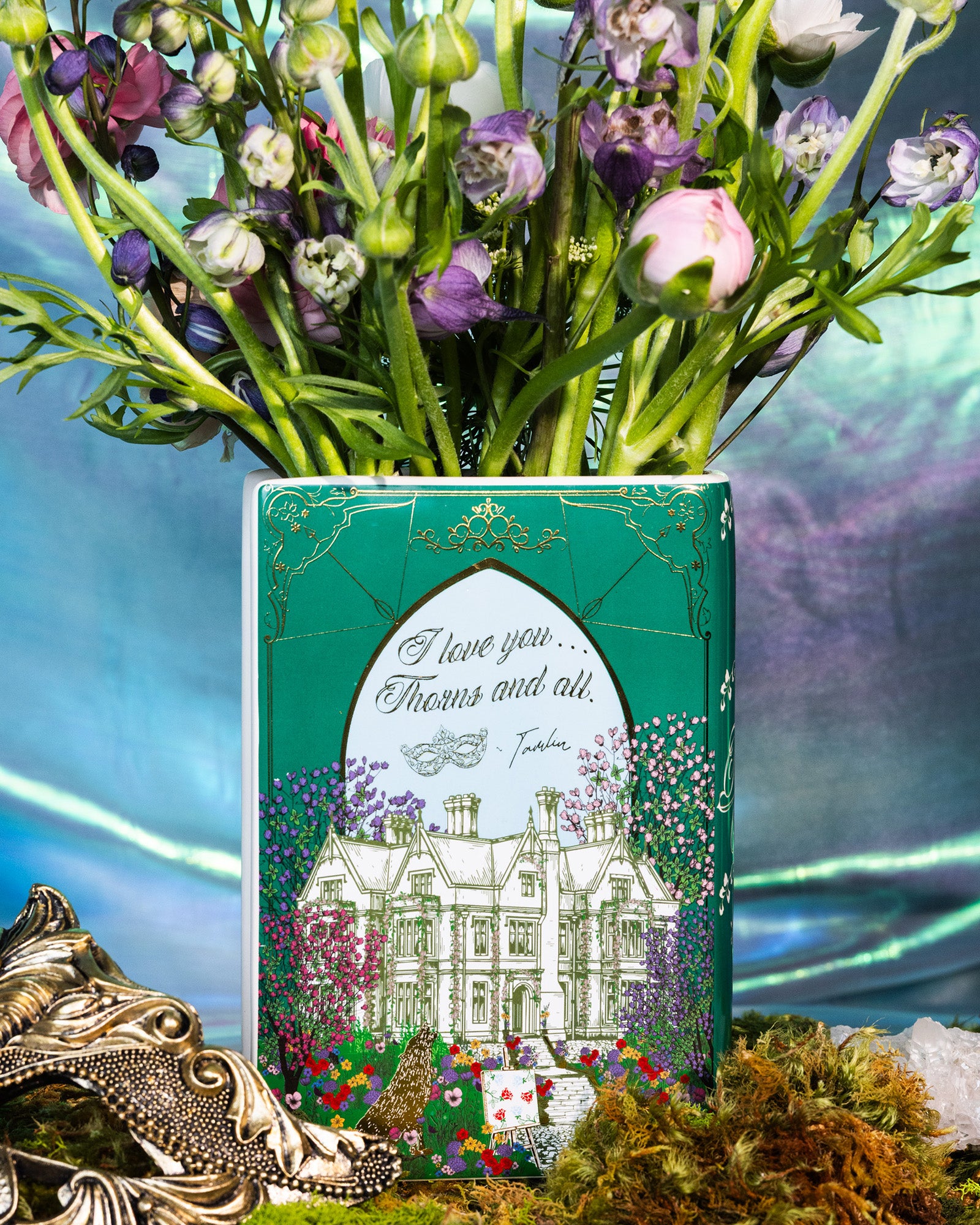 back view of Book-shaped vase with 'Tamlin's Manor' design
