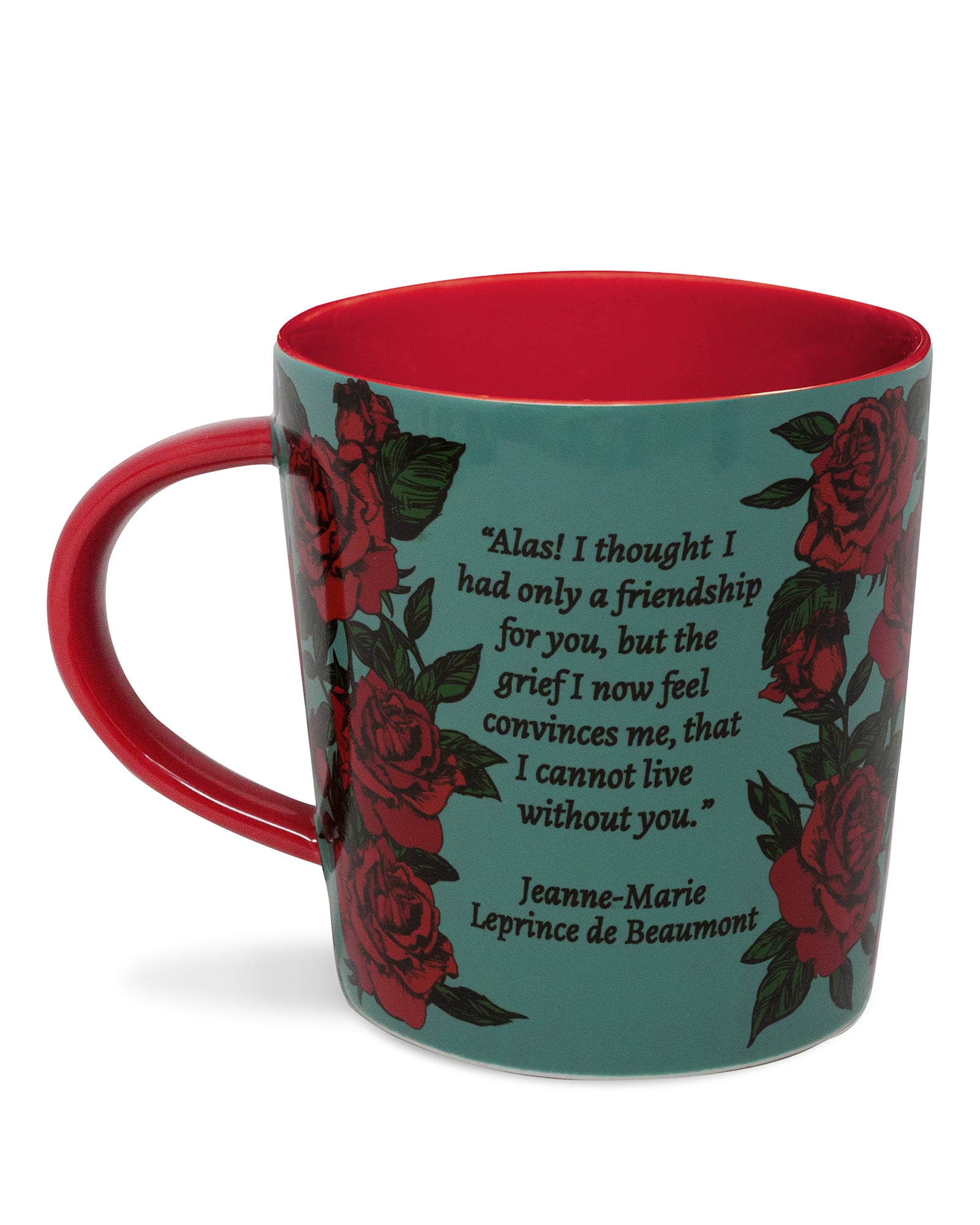 back view of teal beauty and the beast mug with red interior