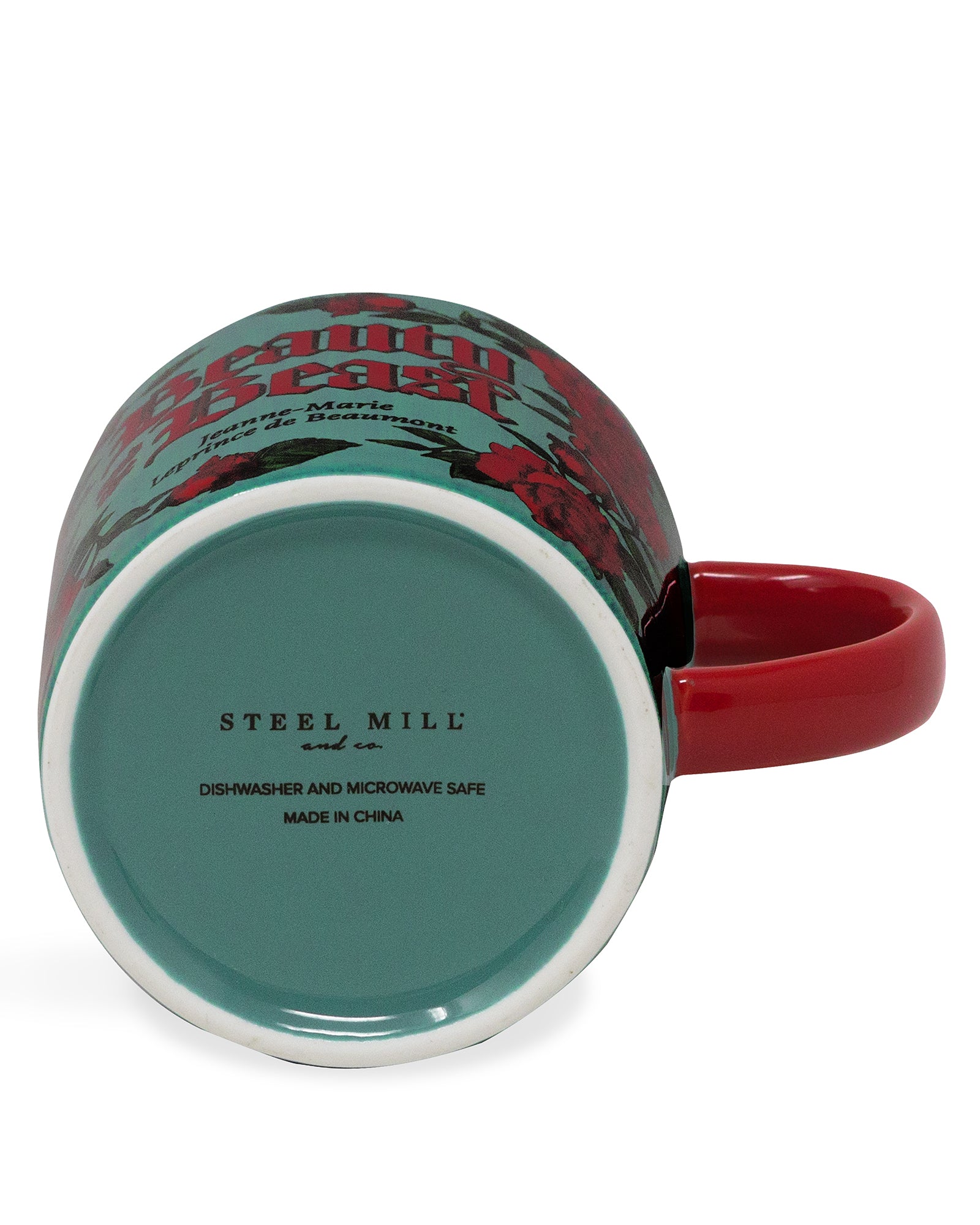 bottom view of teal beauty and the beast mug with red interio