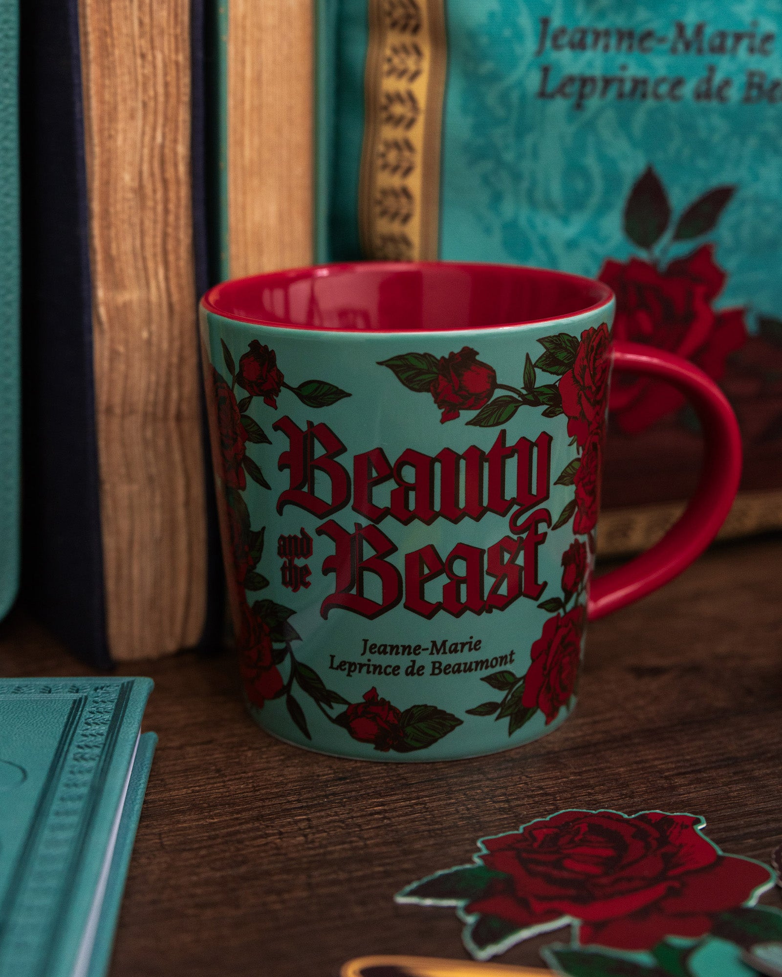 teal beauty and the beast mug with red interior