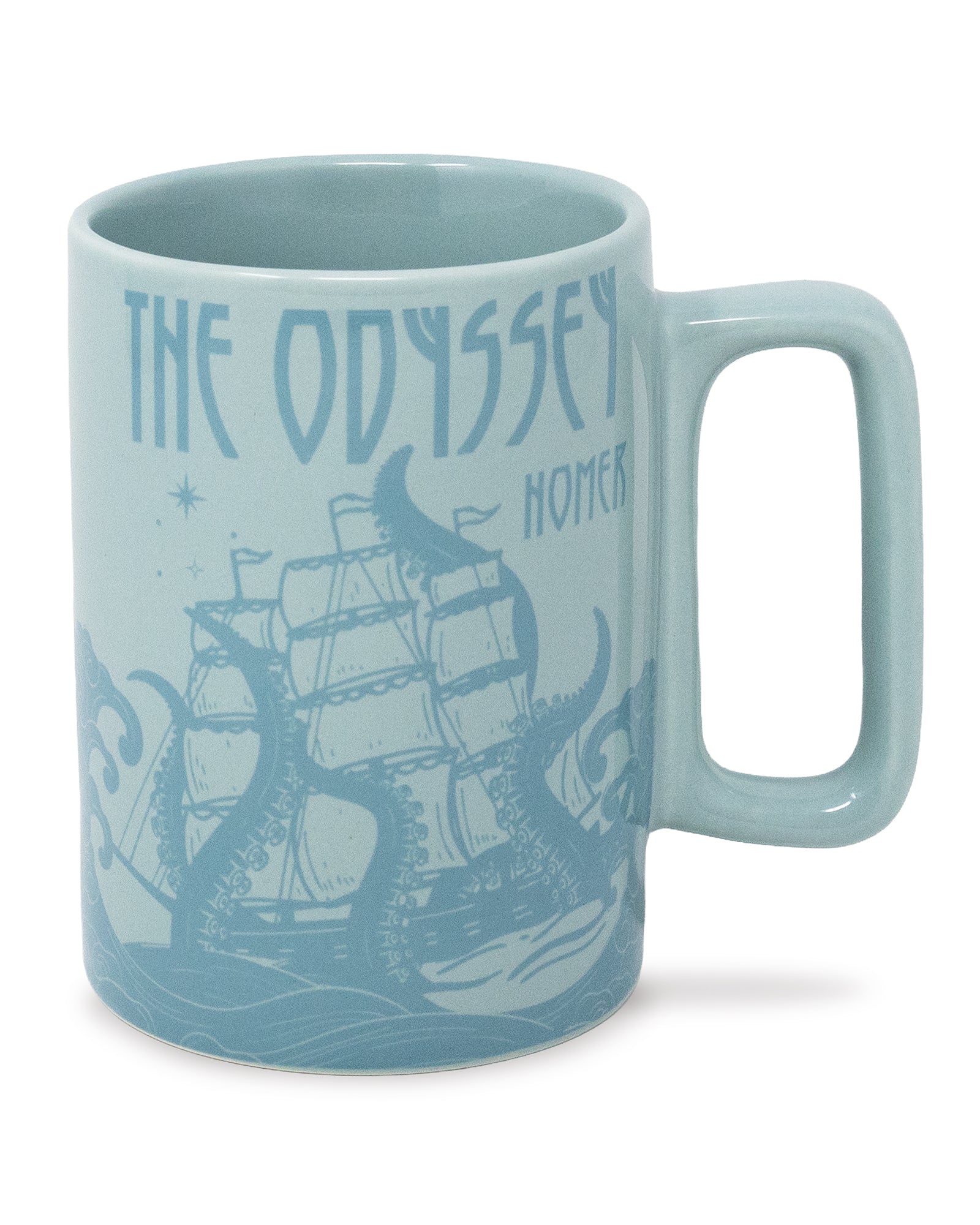 Light blue mug with 'The Odyssey' design featuring a ship and octopus on a white background