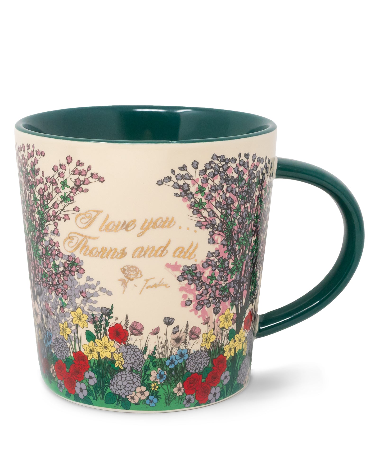 Mug with floral design and text on a white background