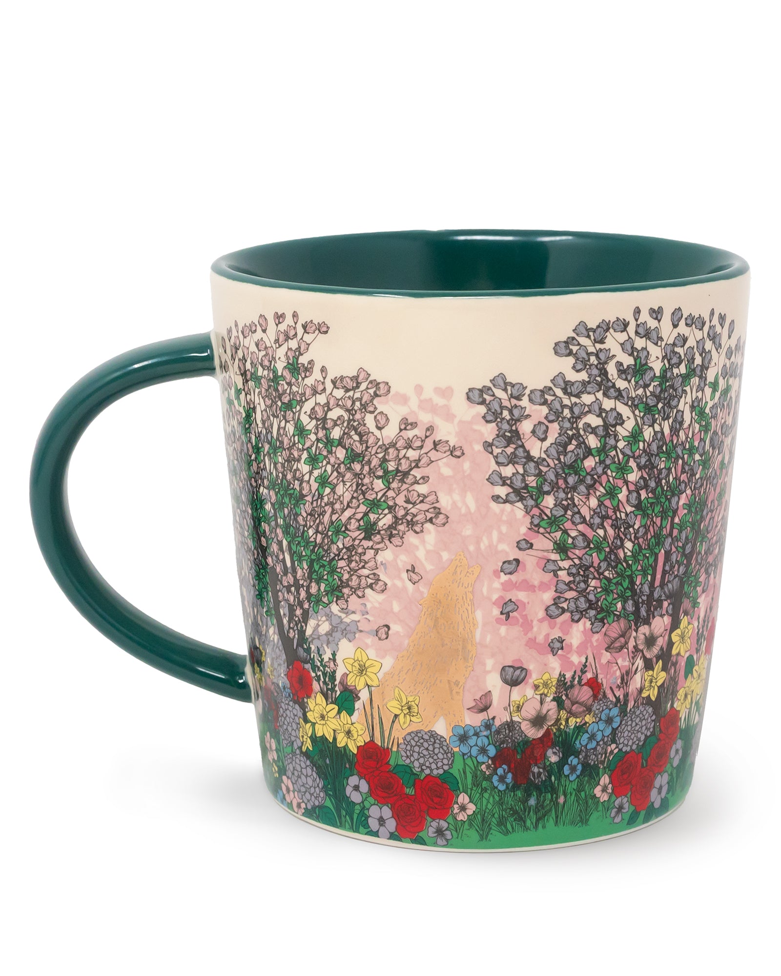 Mug with a floral and animal design on a white background