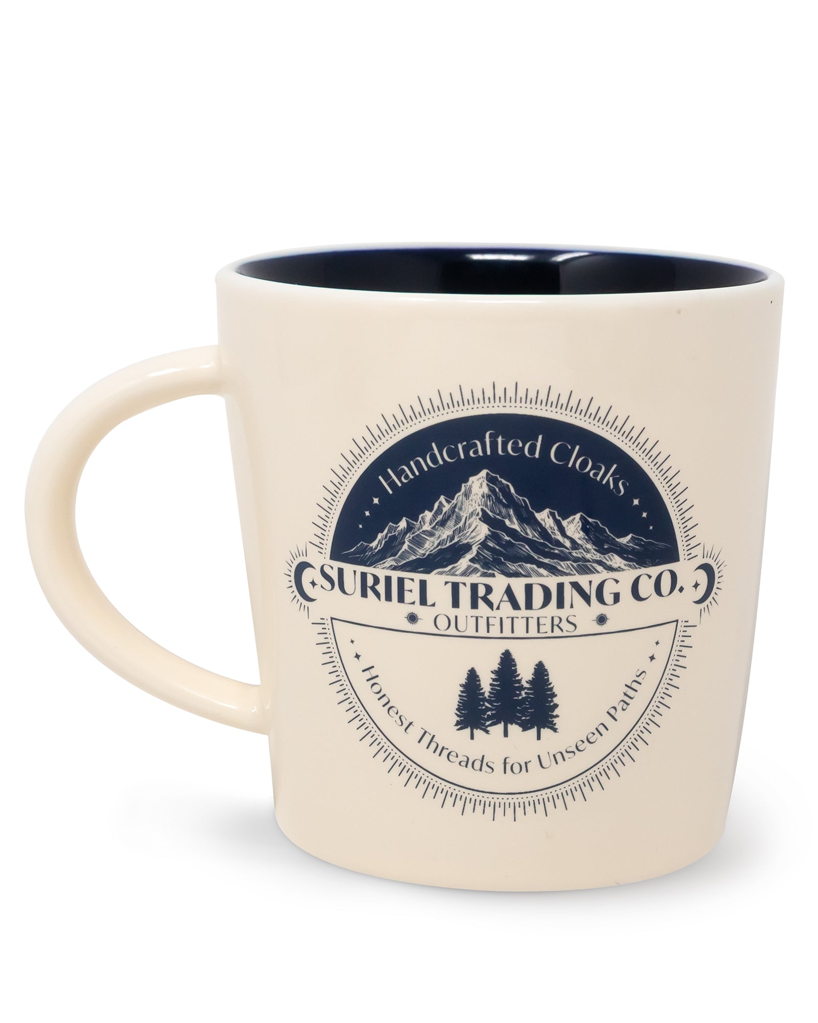 Beige mug with blue interior, featuring Suriel Trading Co. logo on a white background