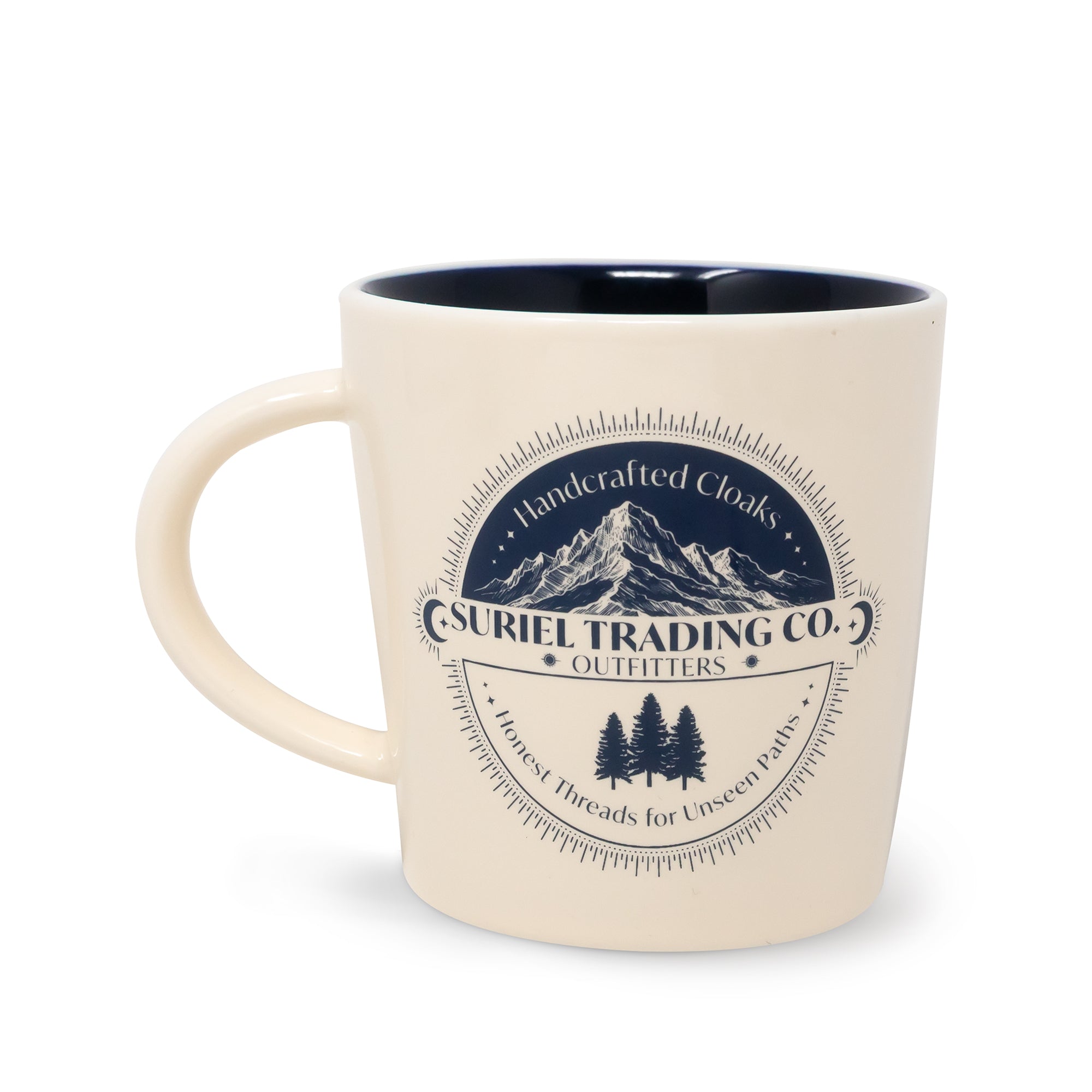 Beige mug with blue interior, featuring Suriel Trading Co. logo on a white background