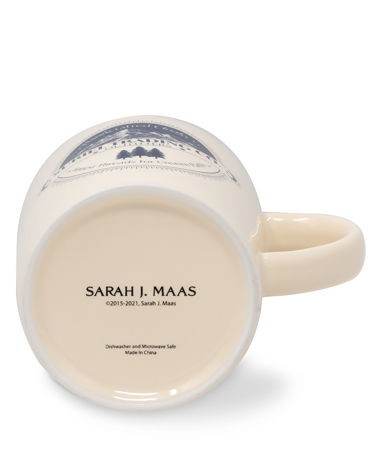 Beige mug with 'Sarah J. Maas' branding on a white background
