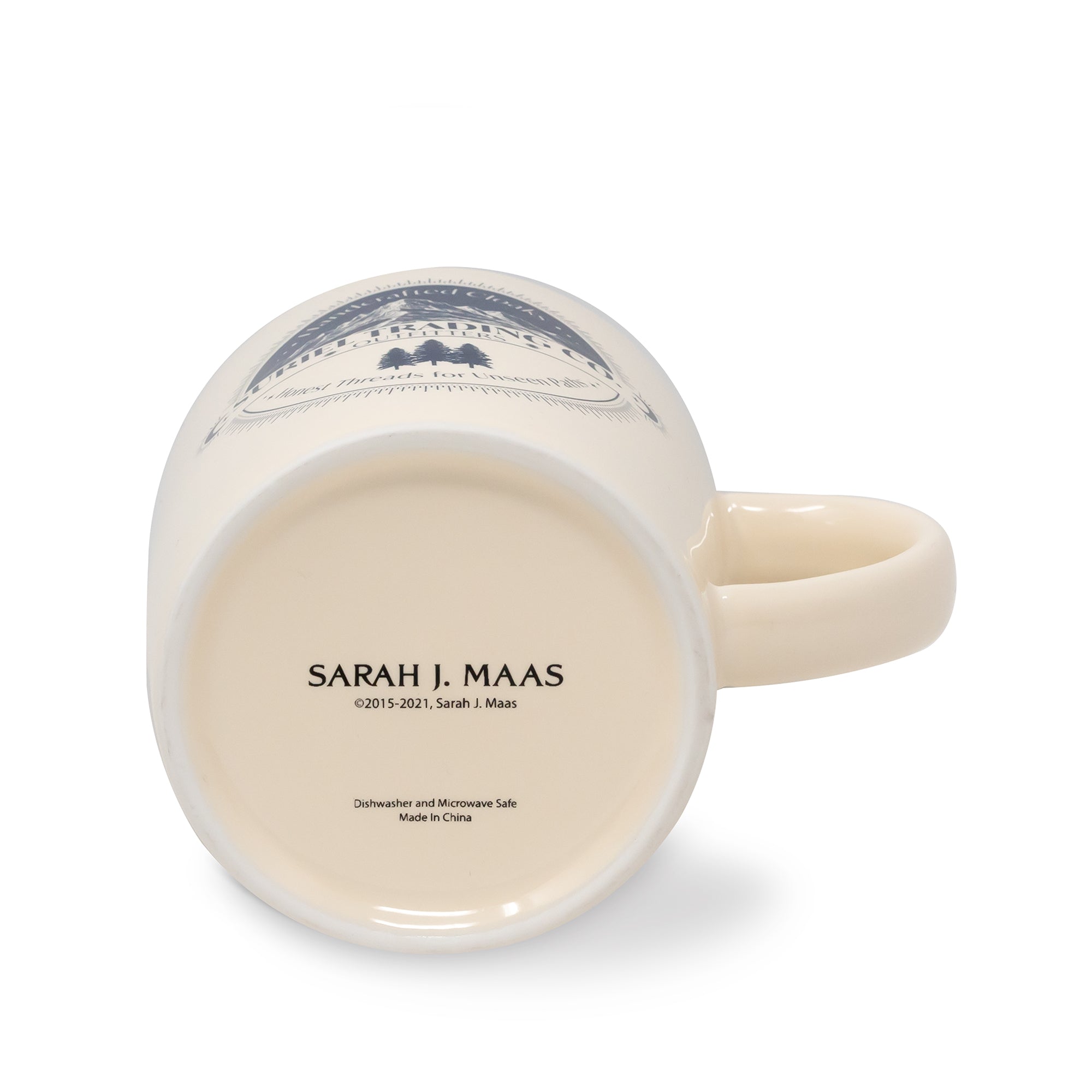 Beige mug with 'Sarah J. Maas' branding on a white background