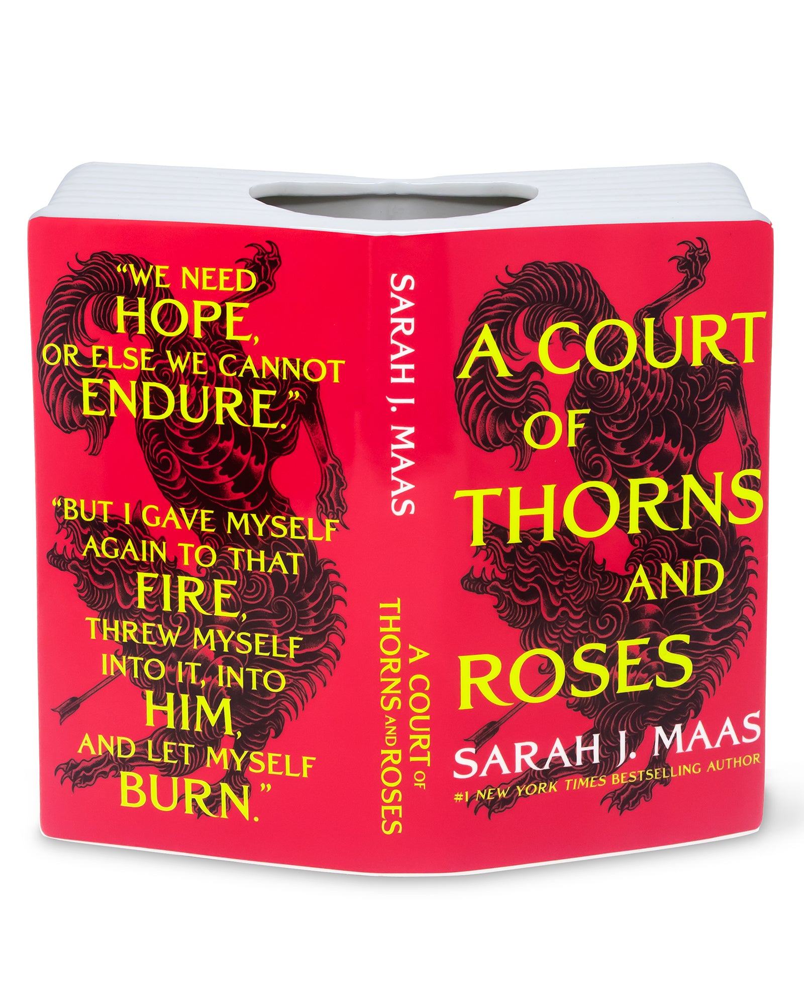Book cover of 'A Court of Thorns and Roses' open book vase with red background and black text.
