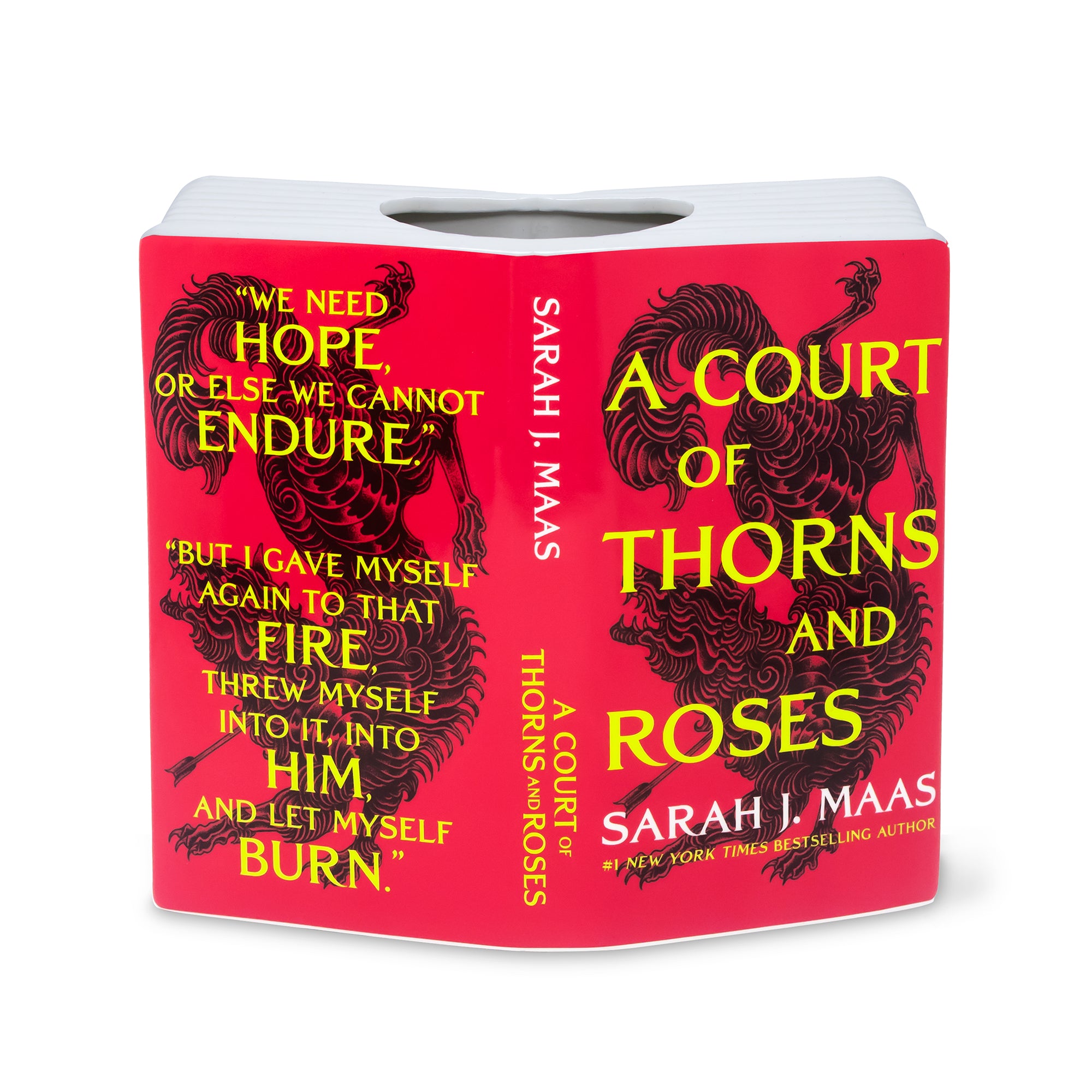 Book cover of 'A Court of Thorns and Roses' open book vase with red background and black text.