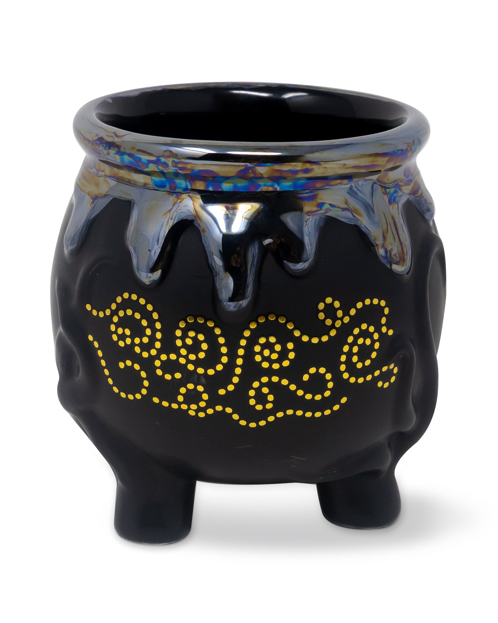 Black ceramic pot with yellow decorative pattern on a white background