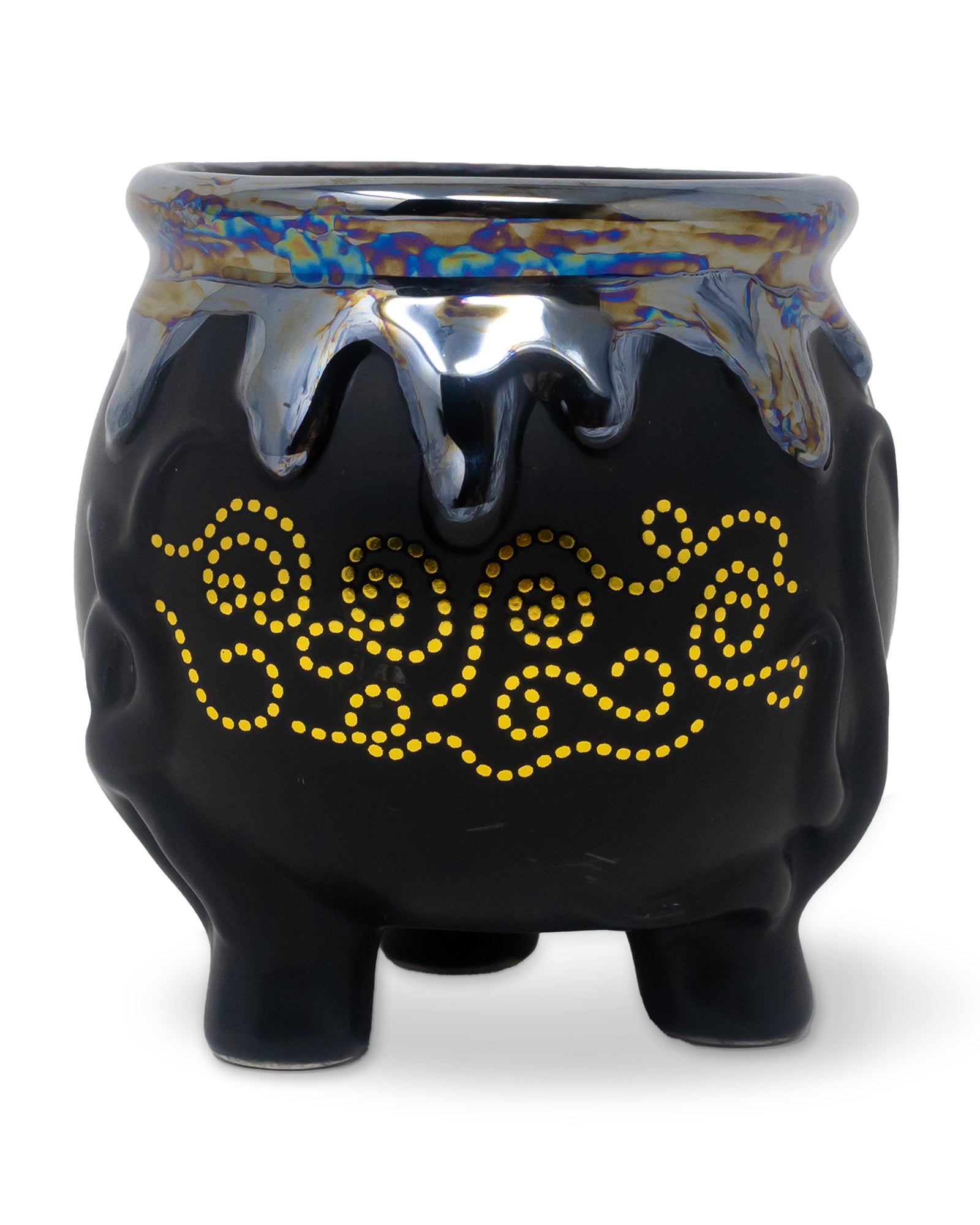 Black ceramic pot with yellow patterns and a colorful rim on a white background