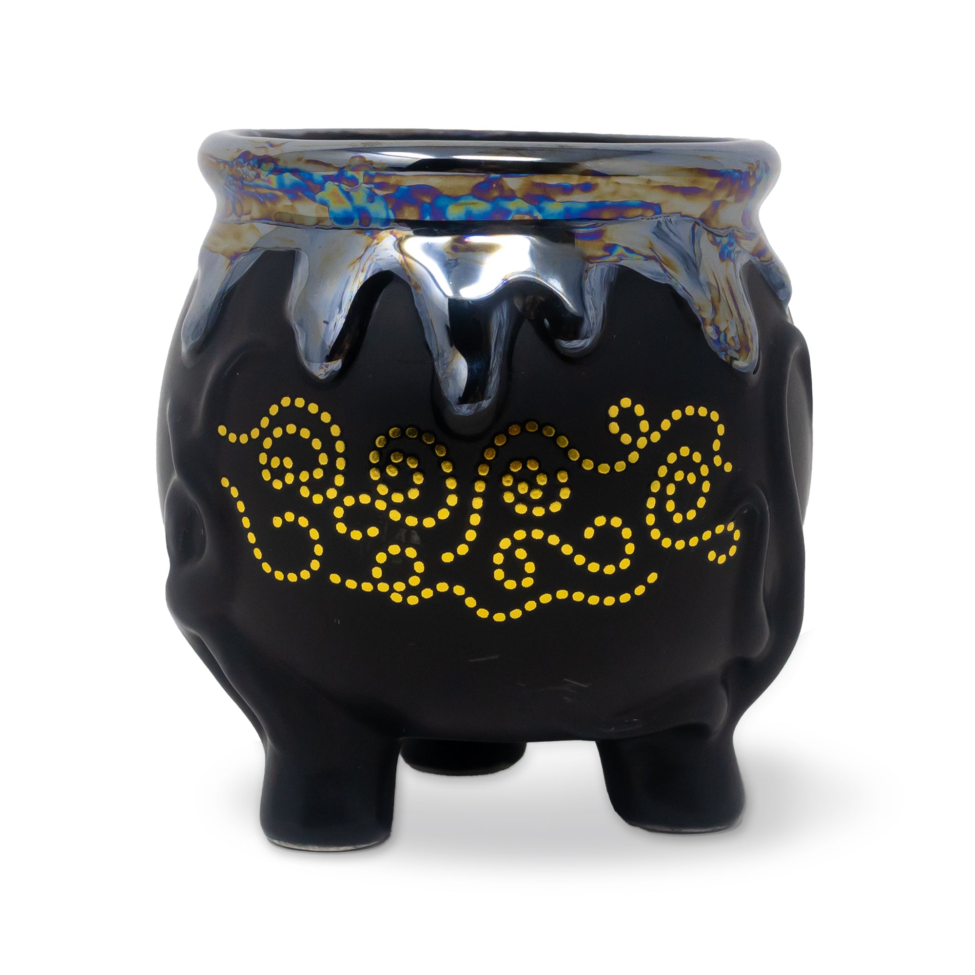 Black ceramic pot with yellow patterns and a colorful rim on a white background