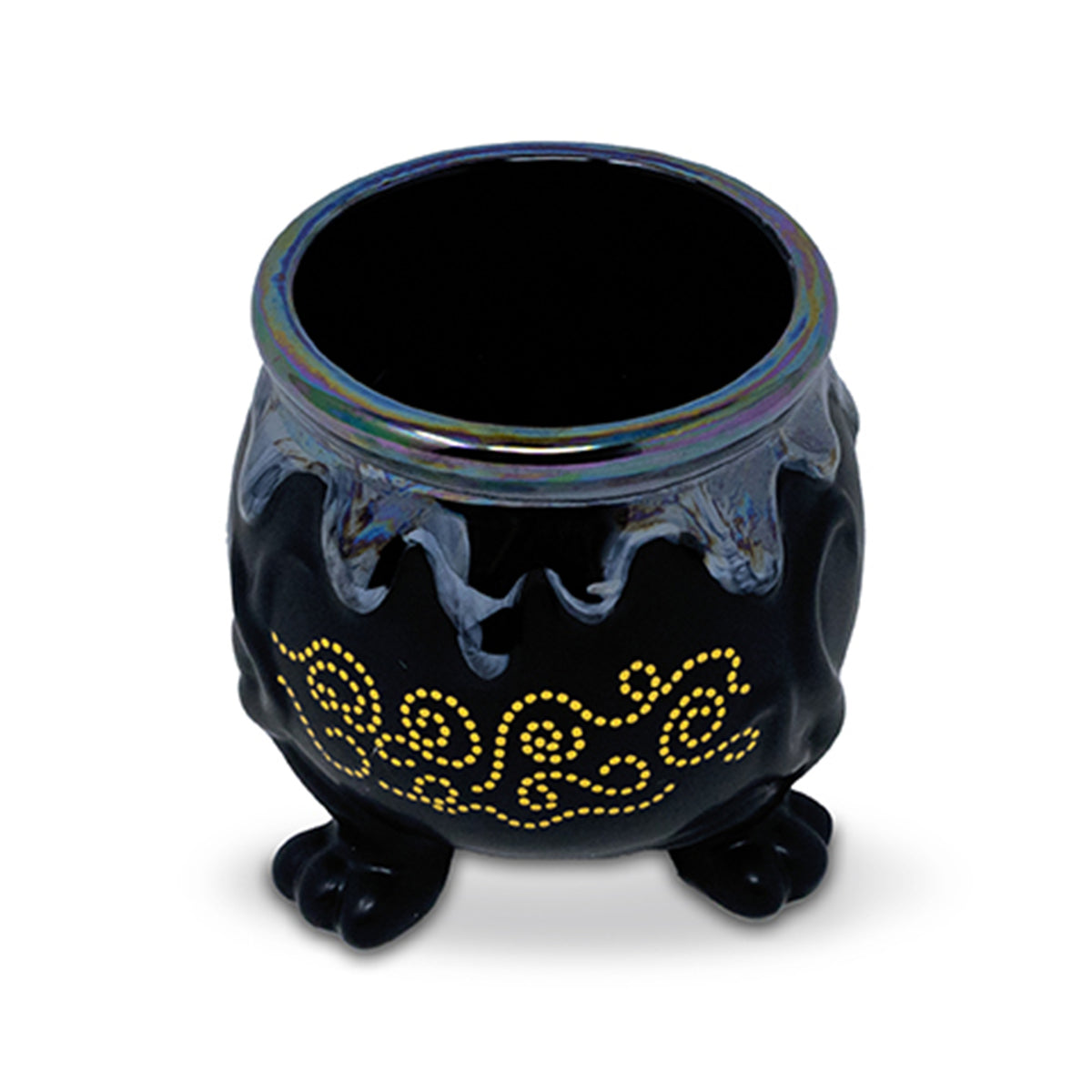 top view of black cauldron planter with oil slick bubbling top, gold swirl accents and three foot base