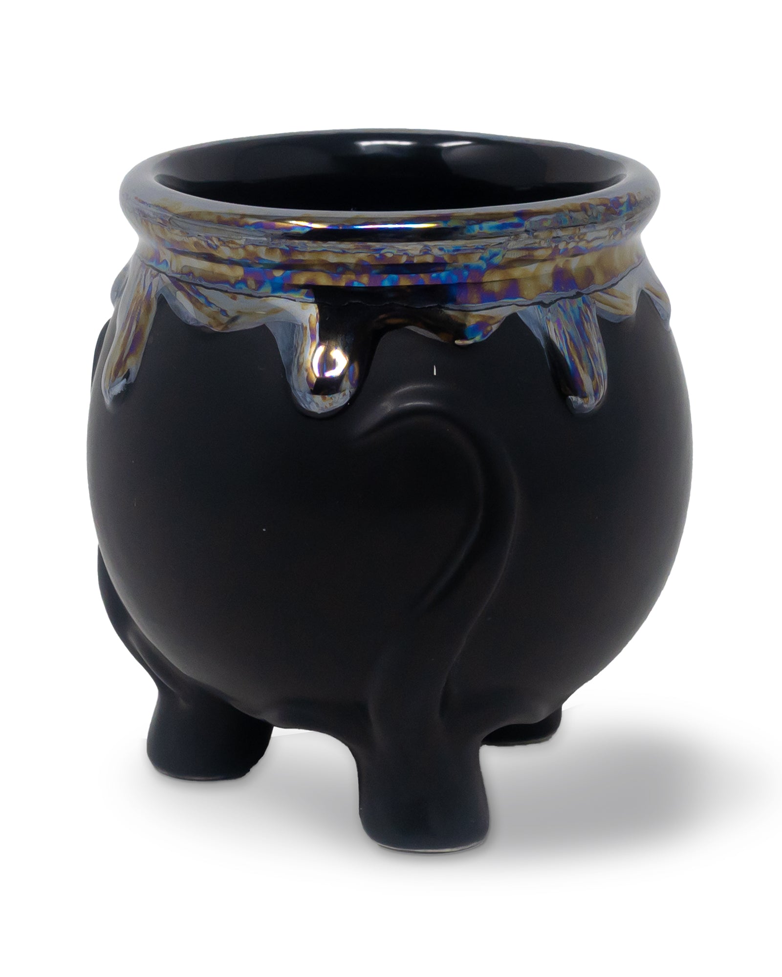 Black ceramic pot with colorful interior on a white background