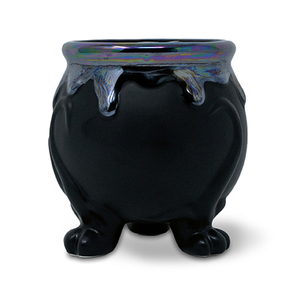 back view of black cauldron planter with oil slick bubbling top, gold swirl accents and three foot base