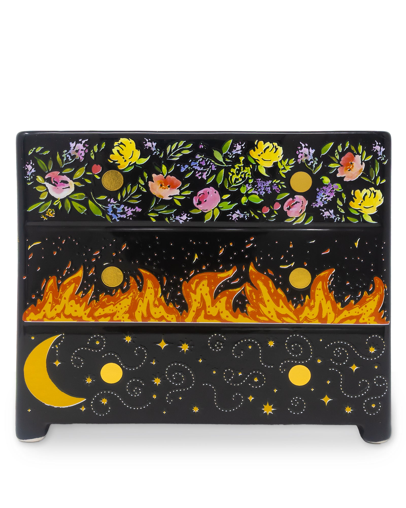 Black planter with floral and fiery designs on a white background