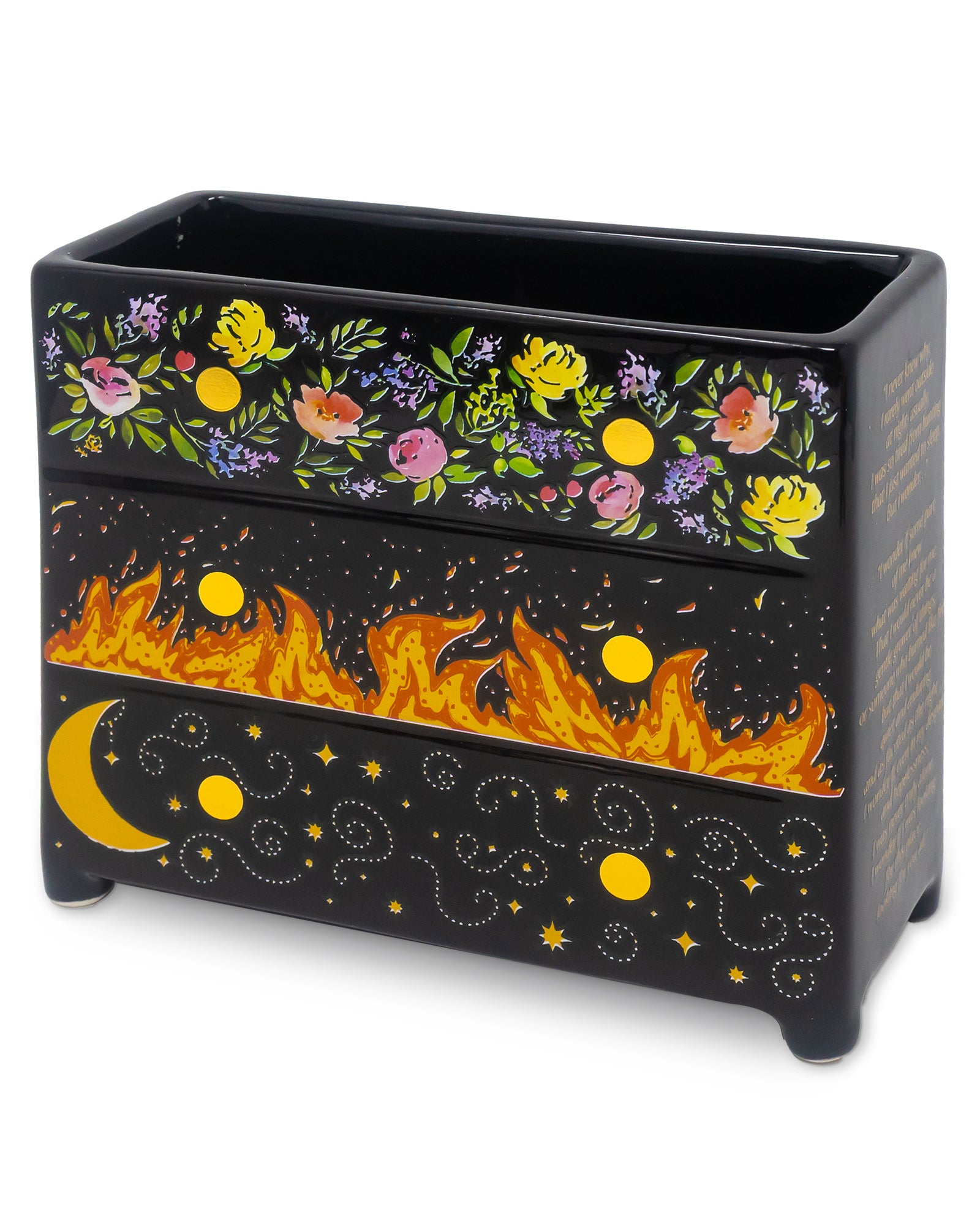 Black planter with floral and fiery designs on a white background