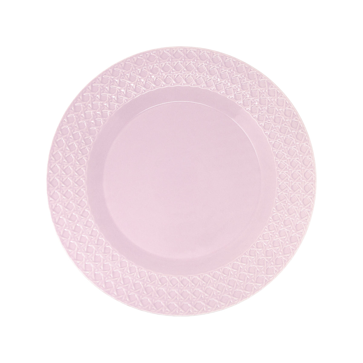 A light pink ceramic plate with a textured, embossed diamond pattern around the rim, shown from a top-down view on a white background.