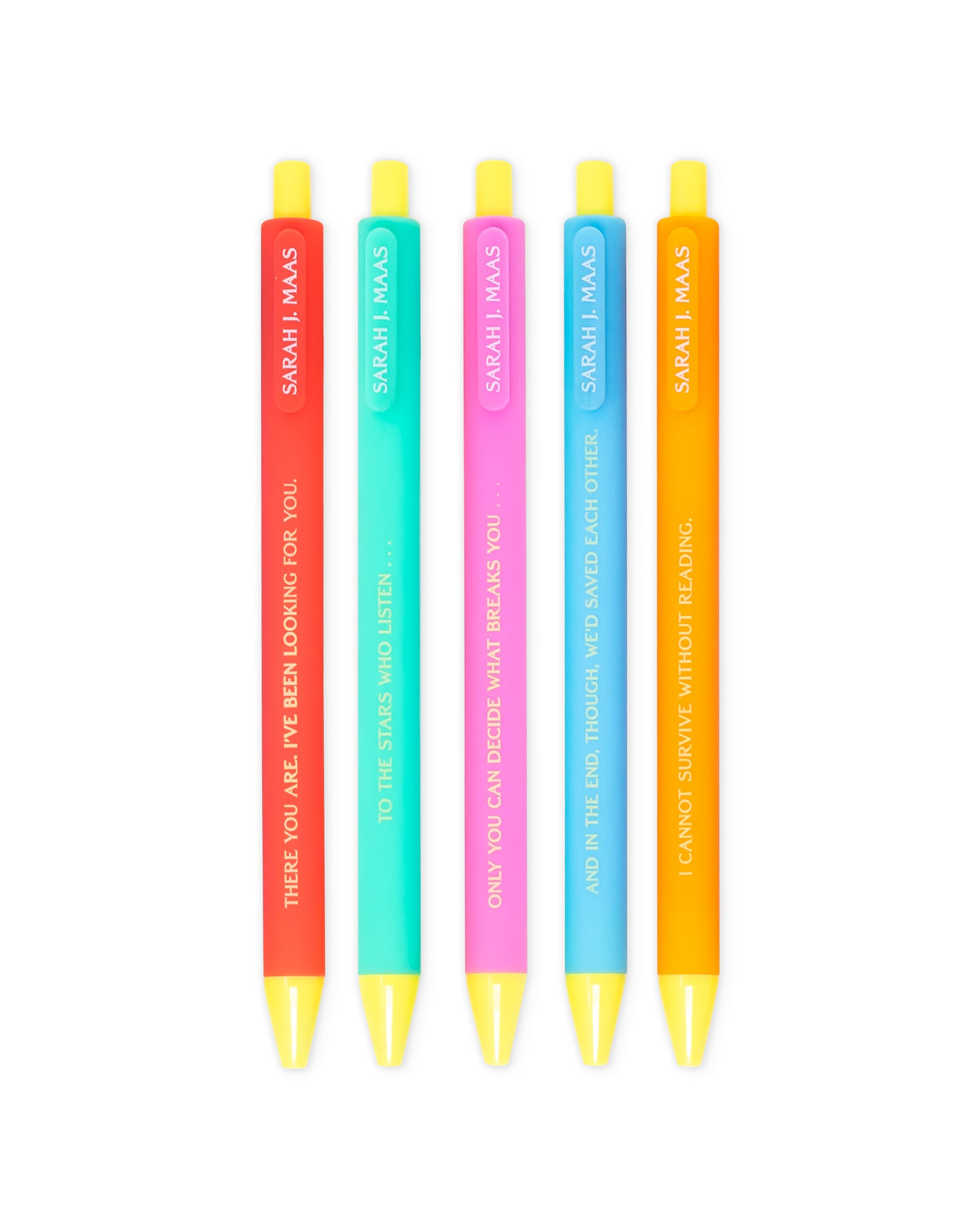 Five colorful pens with yellow tips on a white background