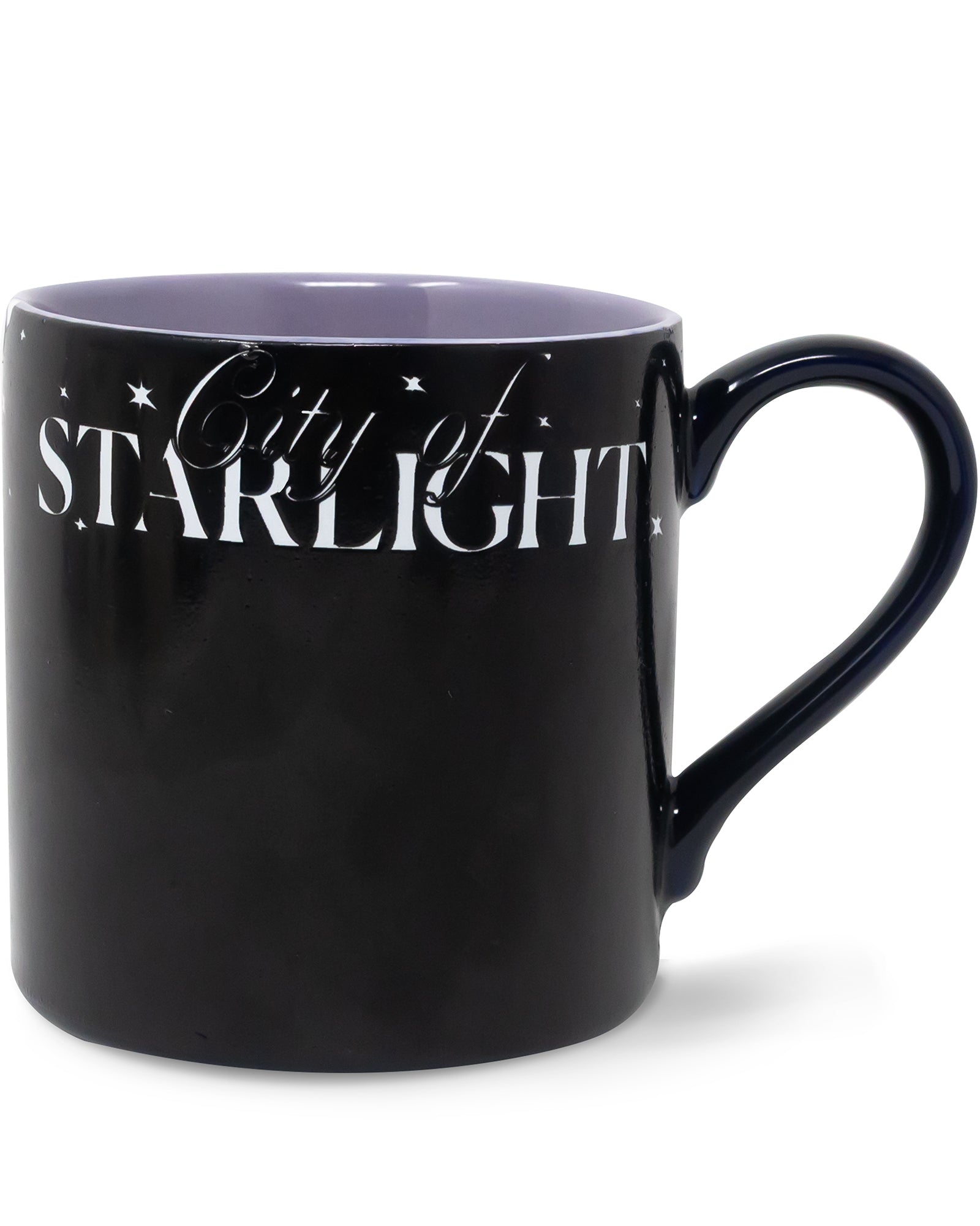 Black mug with 'City of Starlight' text on a white background