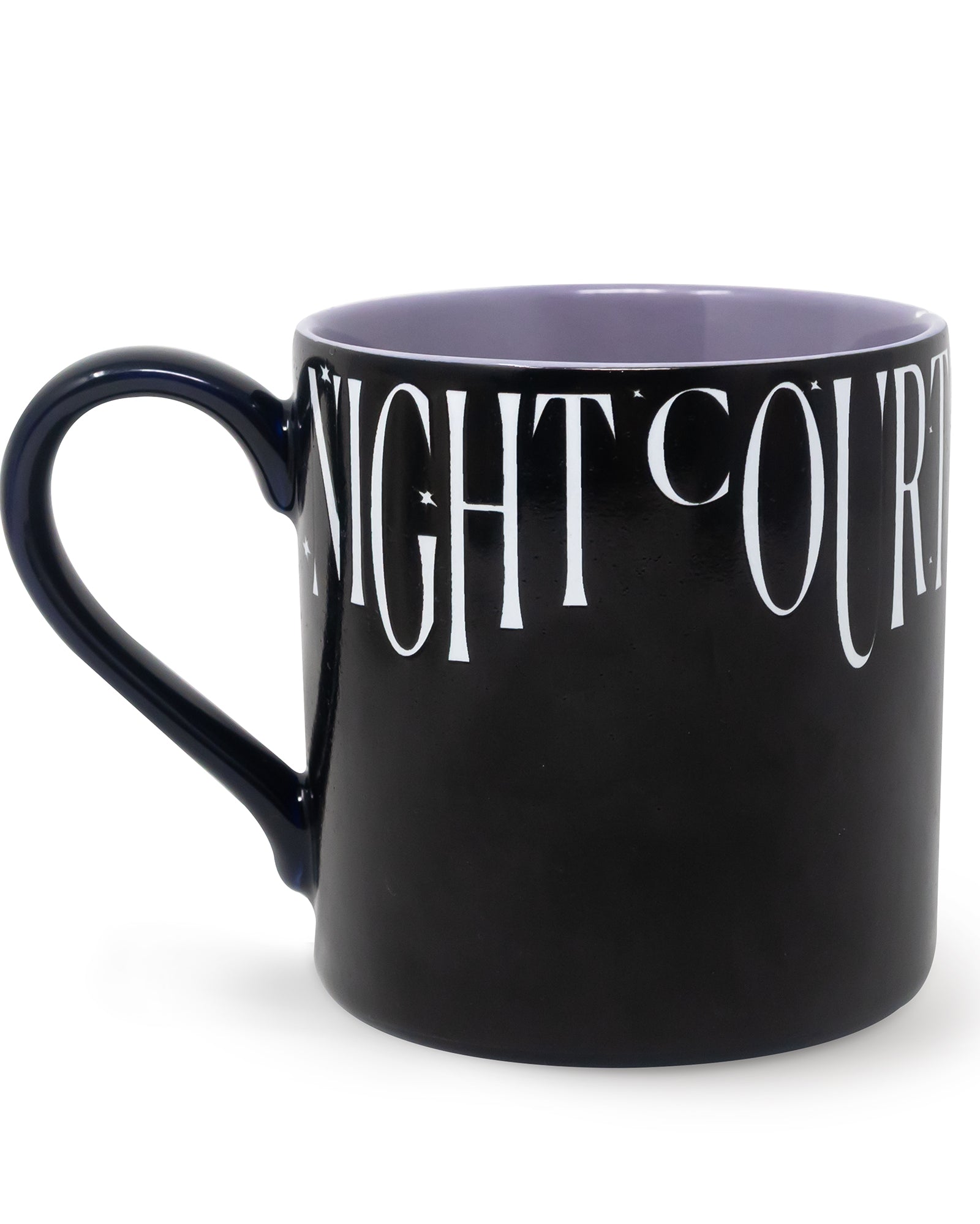 Black mug with white text on a white background