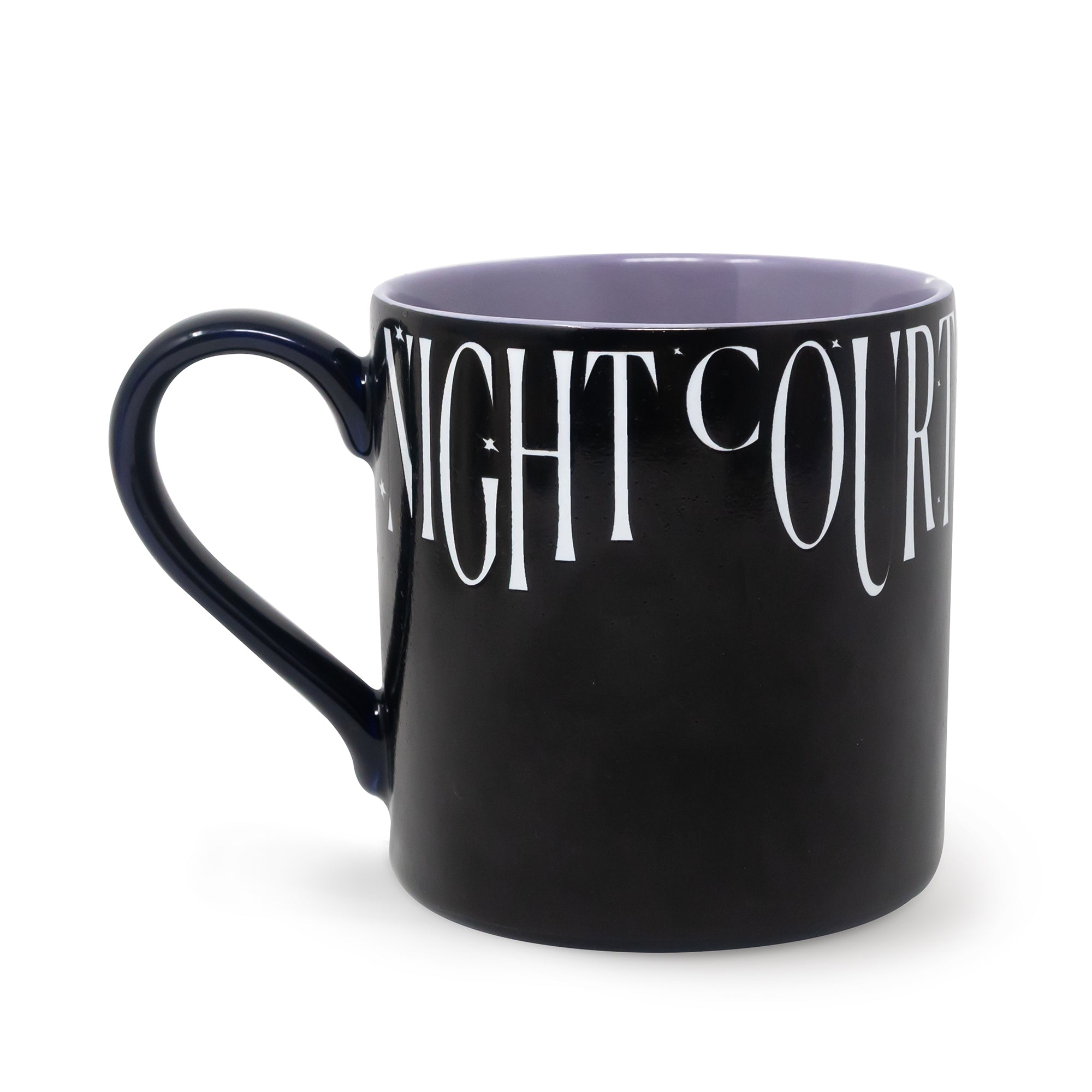 Black mug with white text on a white background