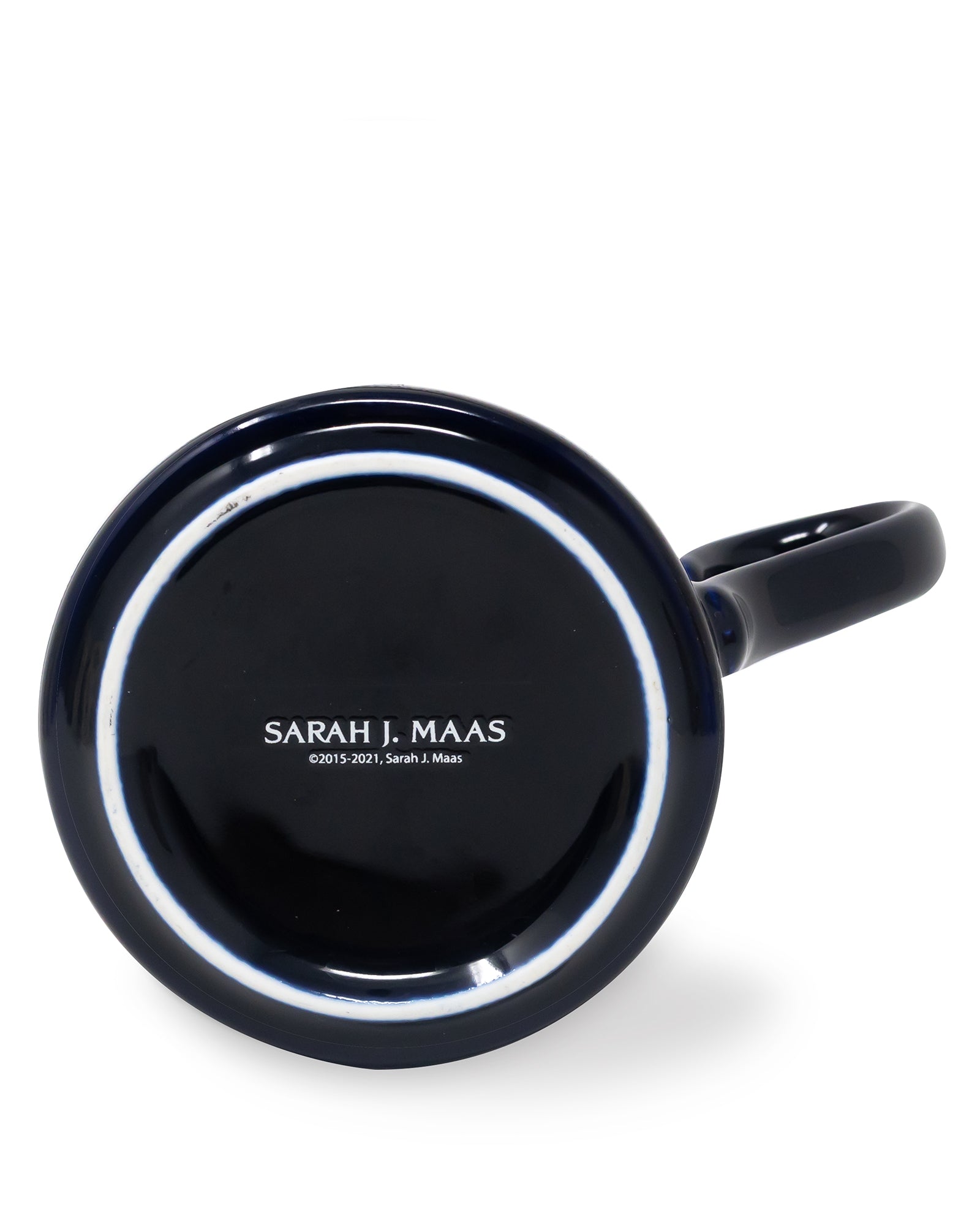 Black mug with 'Sarah J. Maas' branding on a white background