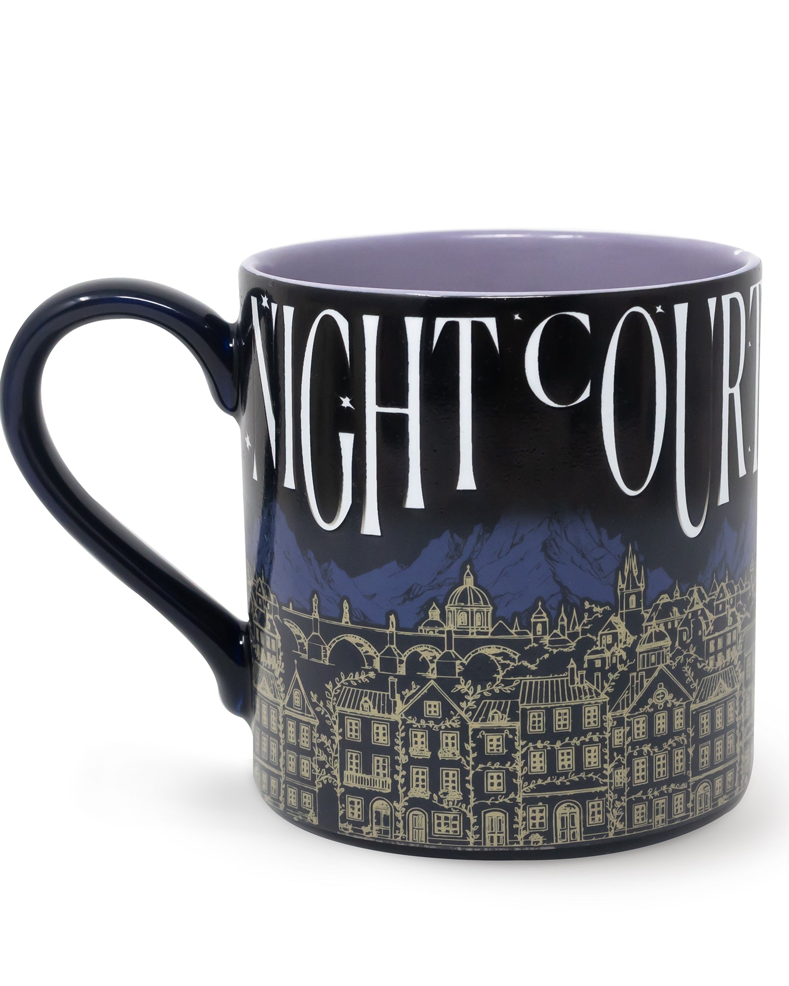 Mug with 'Night Court' text and cityscape design on a white background