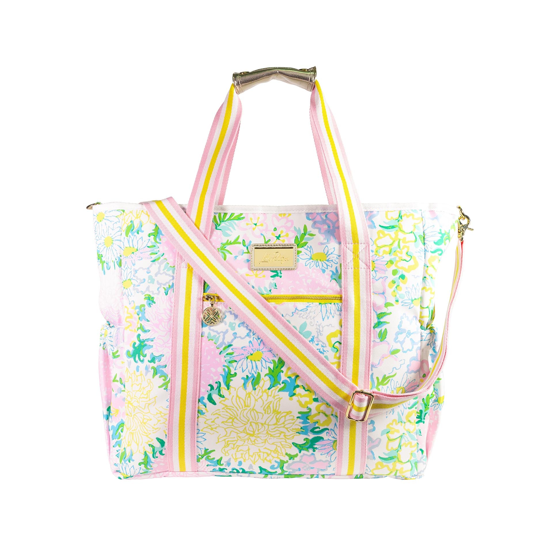 Floral patterned tote bag with pink straps on a white background