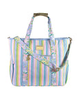 Multicolored striped tote bag with floral accents on a white background