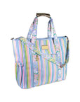 Multicolored striped bag with floral accents on a white background