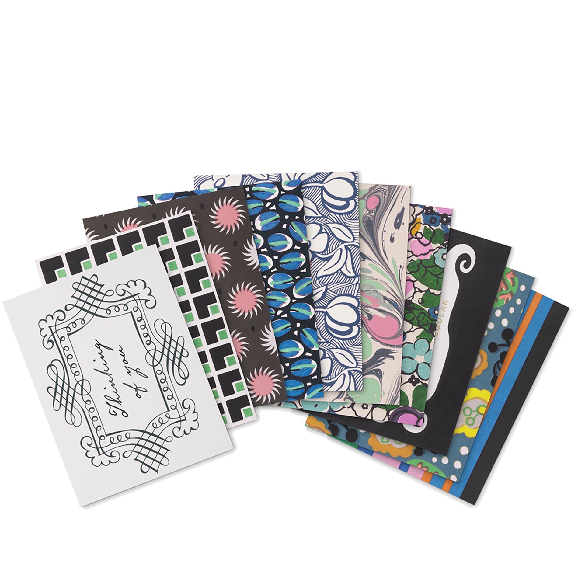Collection of colorful greeting cards with various designs on a white background