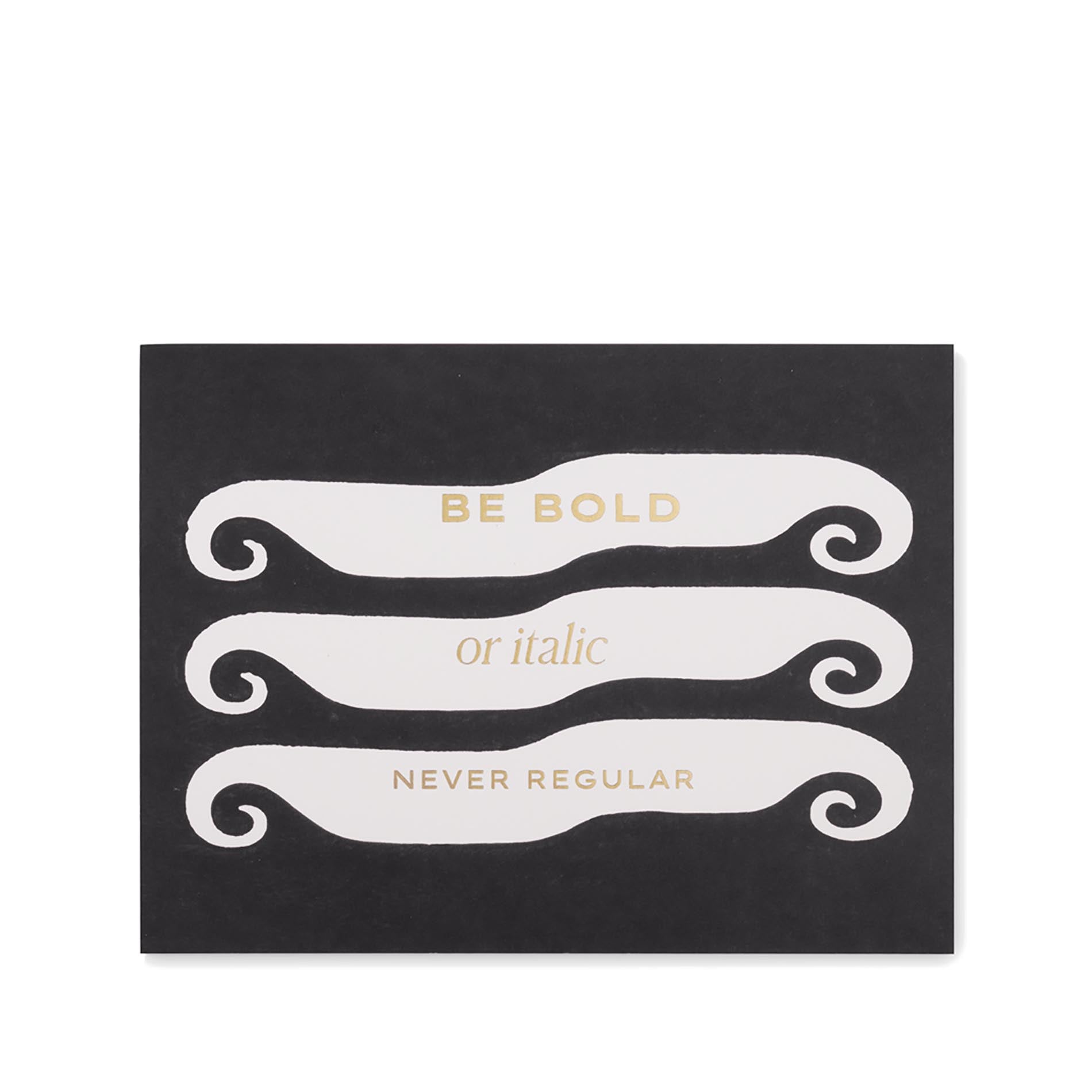 Black card with white decorative text and gold lettering on a white background