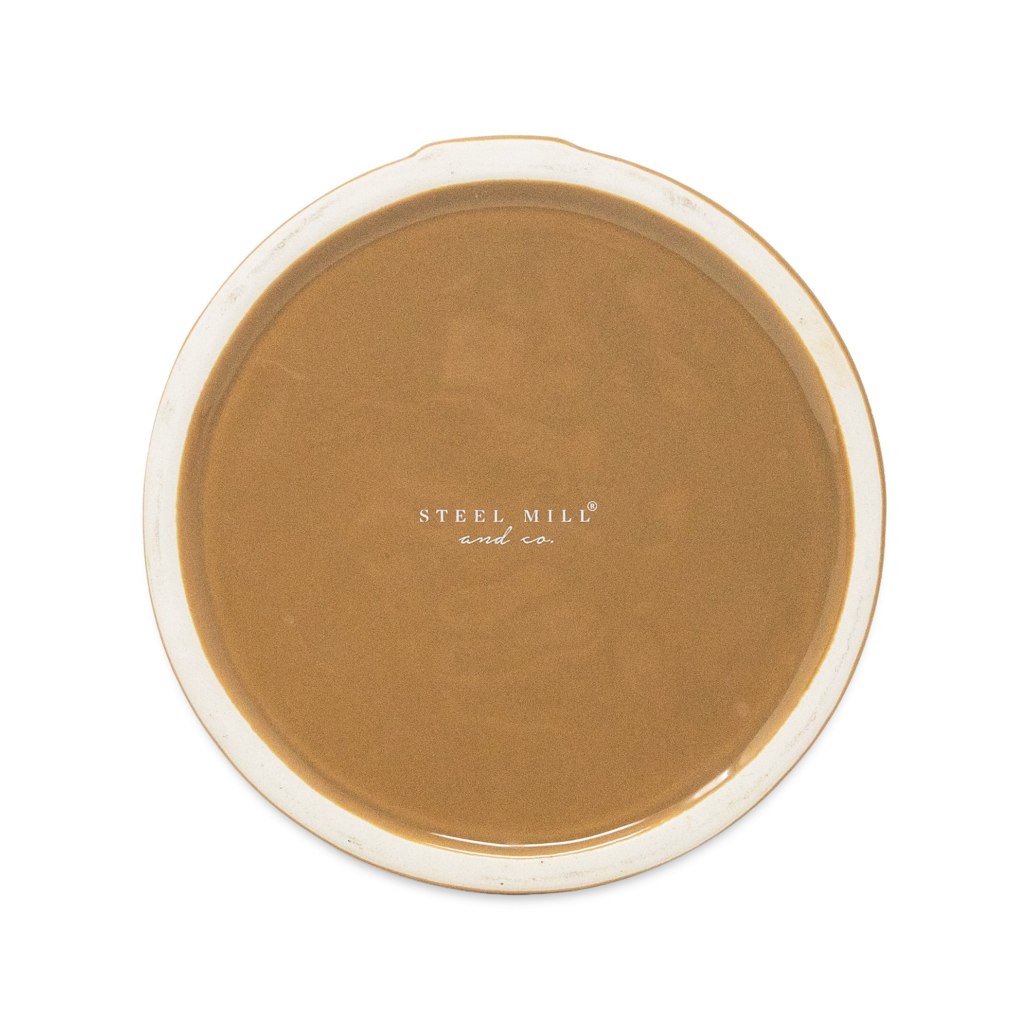 A round ceramic bottom with a glossy warm brown glazed center and a contrasting off-white rim, featuring the brand name 'STEEL MILL and co.' printed in the center.