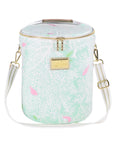 Small cylindrical handbag with floral pattern and gold accents on a white background