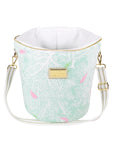 Mint green patterned handbag with gold accents on a white background
