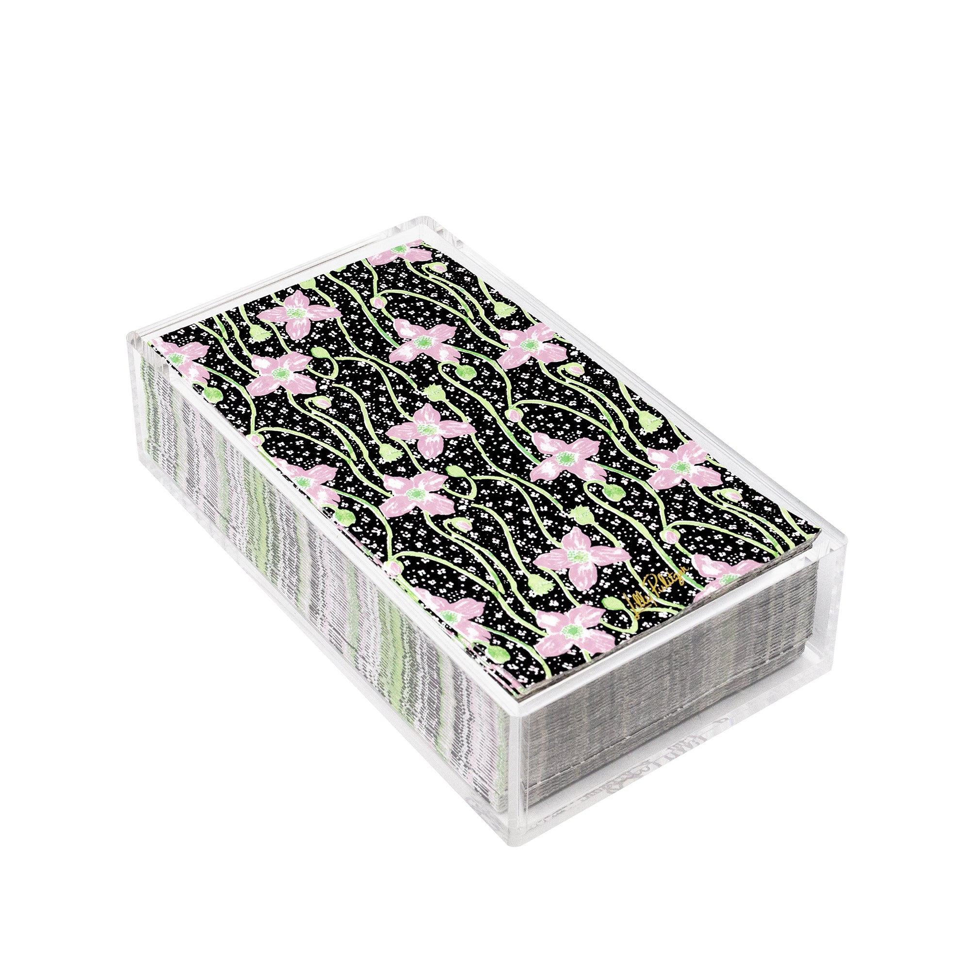A clear plastic card storage box containing paper napkins with a black background, pink flowers, and green vines.