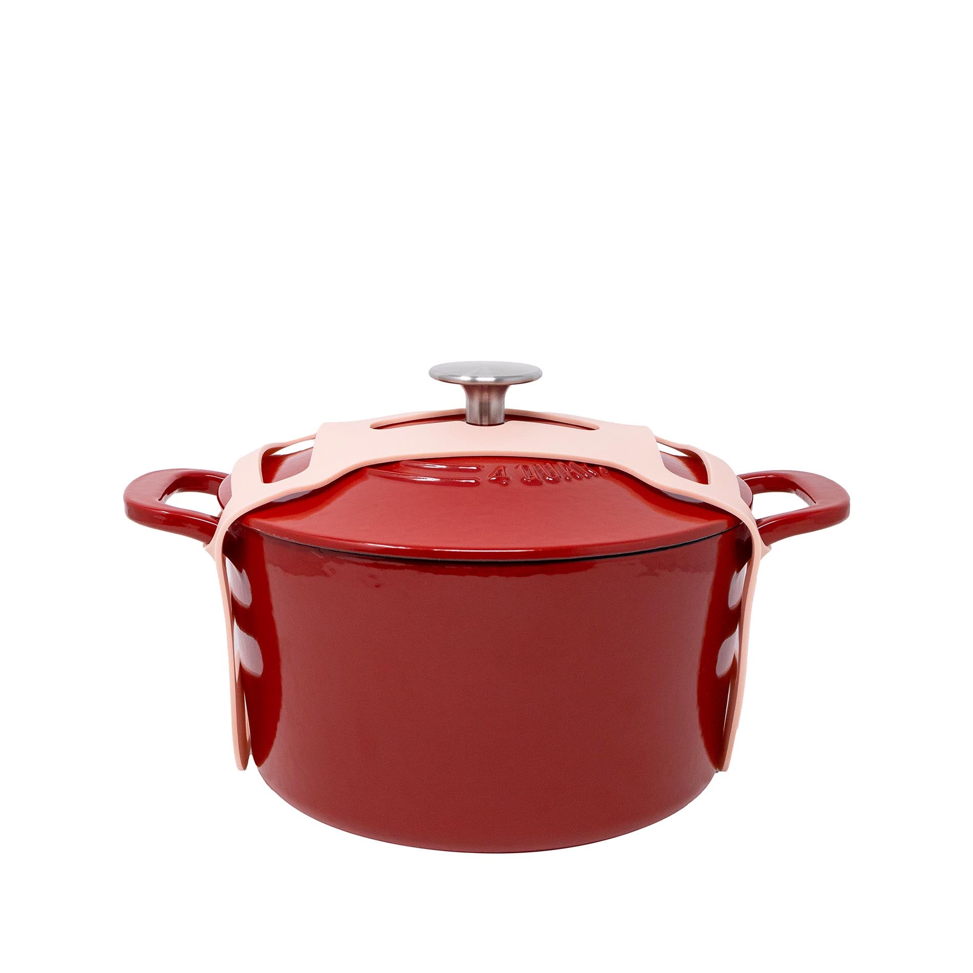 Red enameled cast iron Dutch oven with rose gold handles on a white background