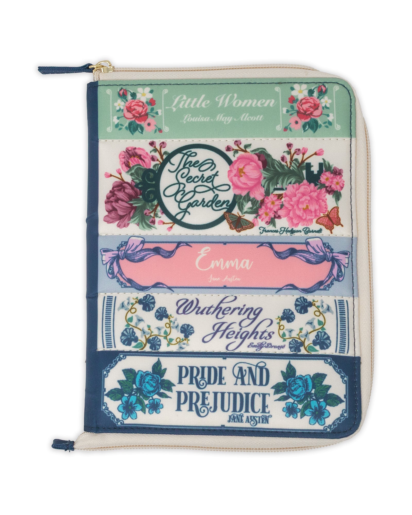Floral and text design on a product with 'Little Women' and 'Pride and Prejudice' text.
