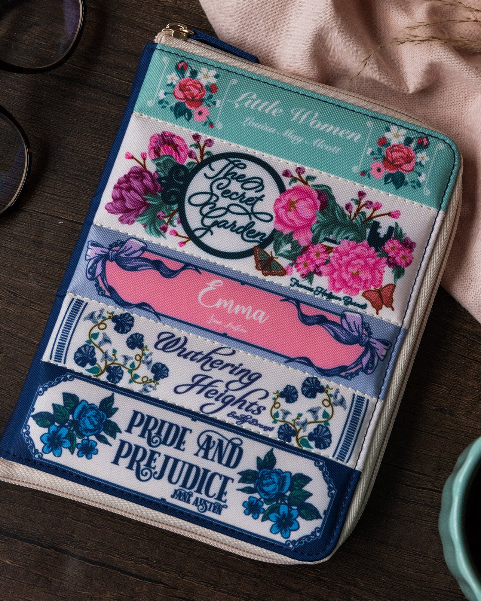 e-reader folio with stacked classical book titles