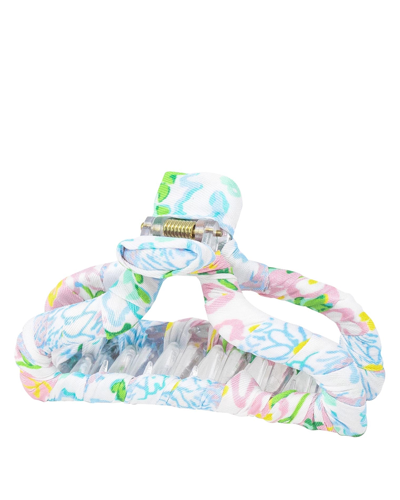 Colorful hair clip with floral pattern on a white background