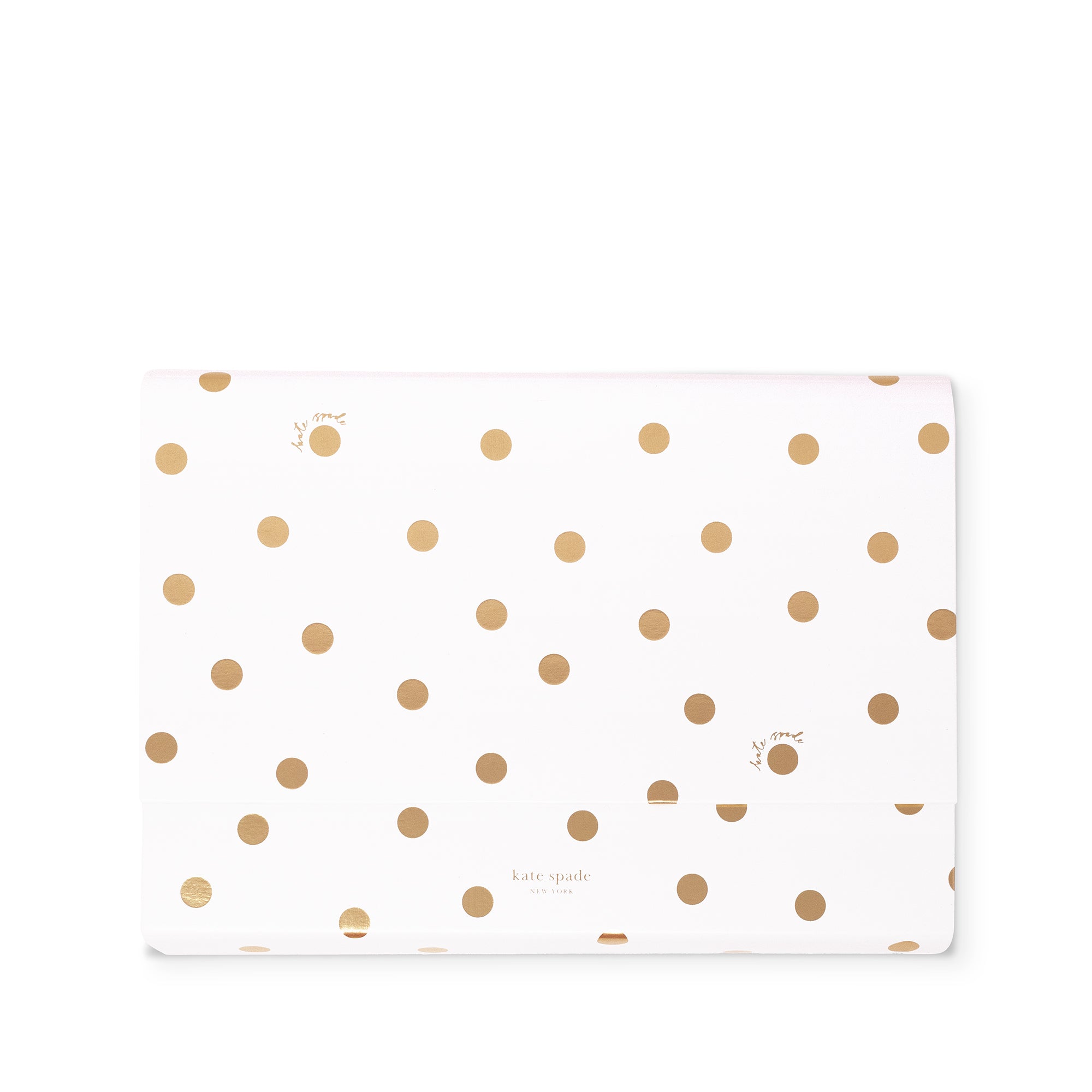 A white rectangular Kate Spade file holder decorated with scattered metallic gold polka dots, shown on a clean white background.